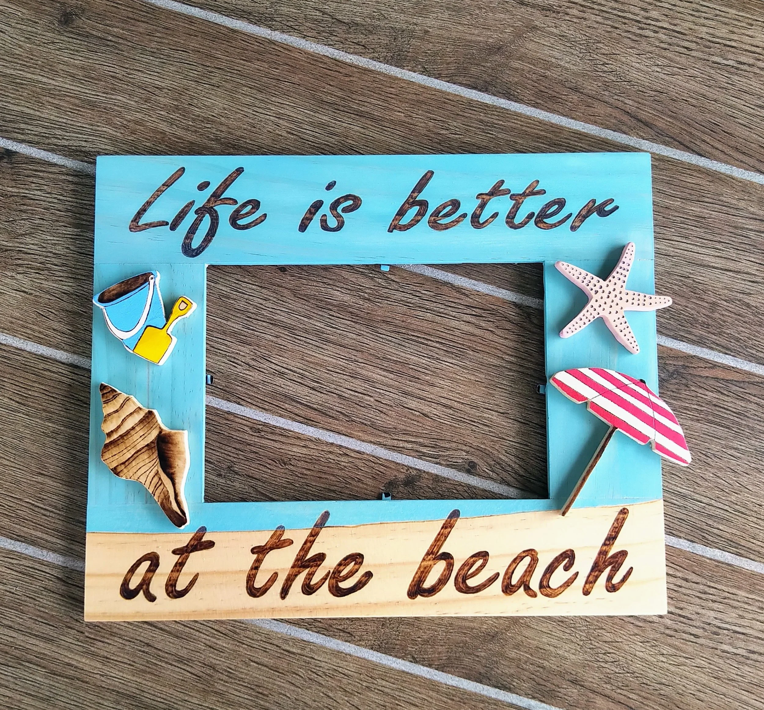 5"x7" Beach Frame with hand-cut, burned, & painted accents