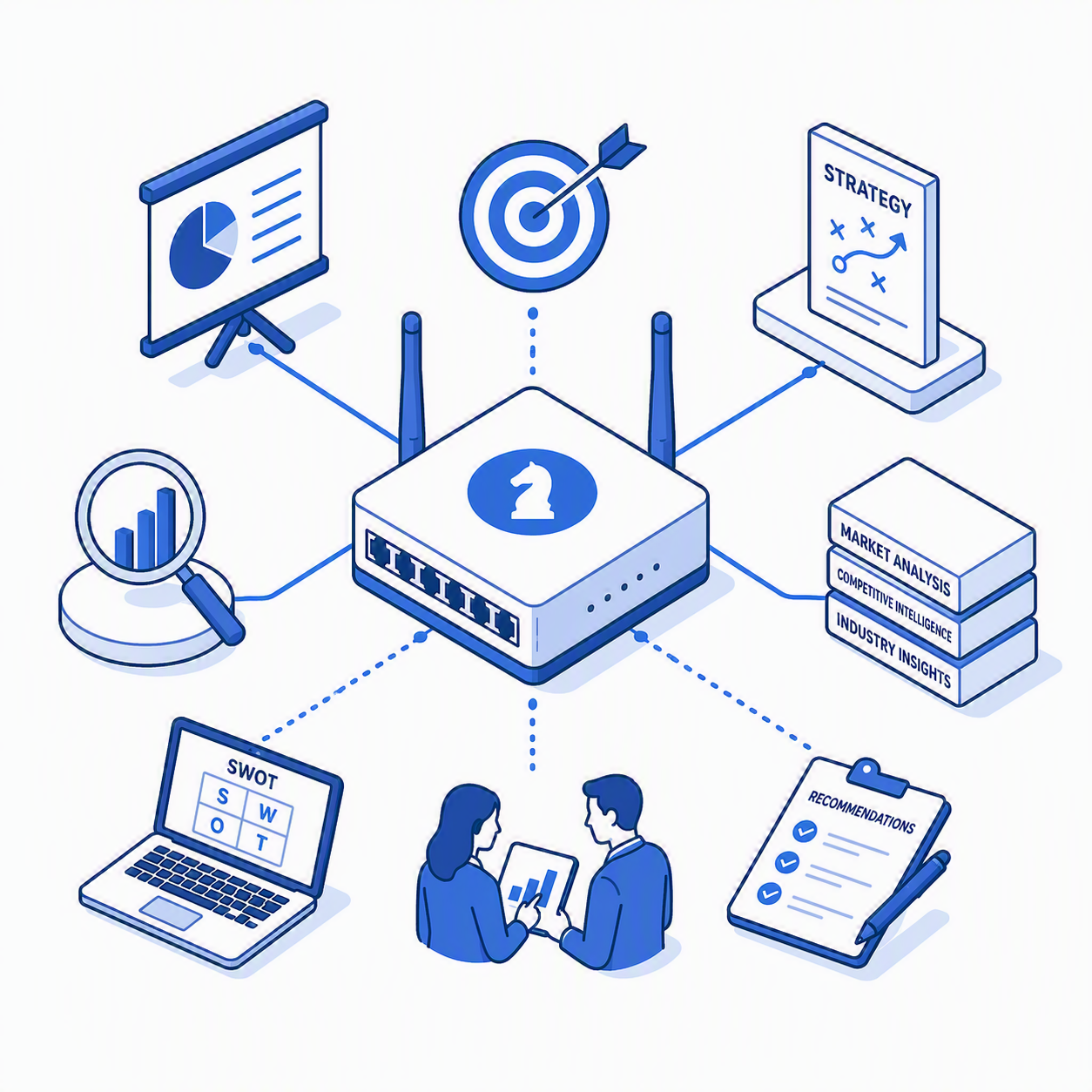 Business strategy and data analysis infographic with a central chip icon connected to charts, target, strategy, analysis, SWOT, recommendations, and discussions.