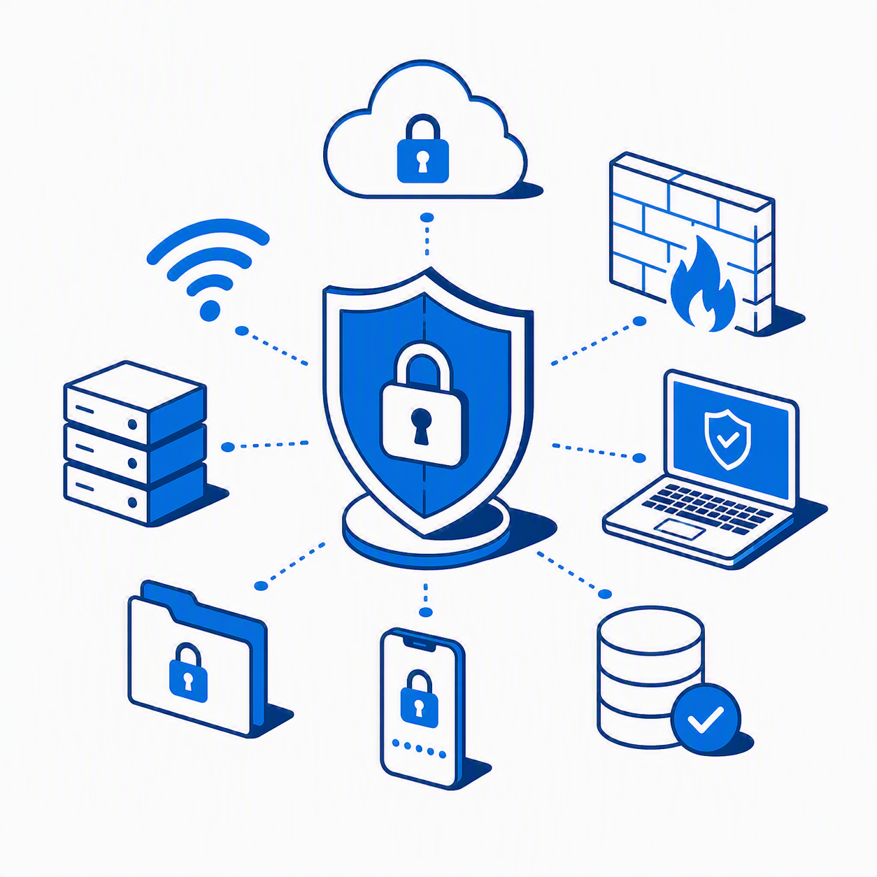 Cybersecurity illustration showing a shield with a padlock at the center, connected to cloud storage, firewalls, servers, a laptop, a smartphone, a database, and secure files, representing network security.
