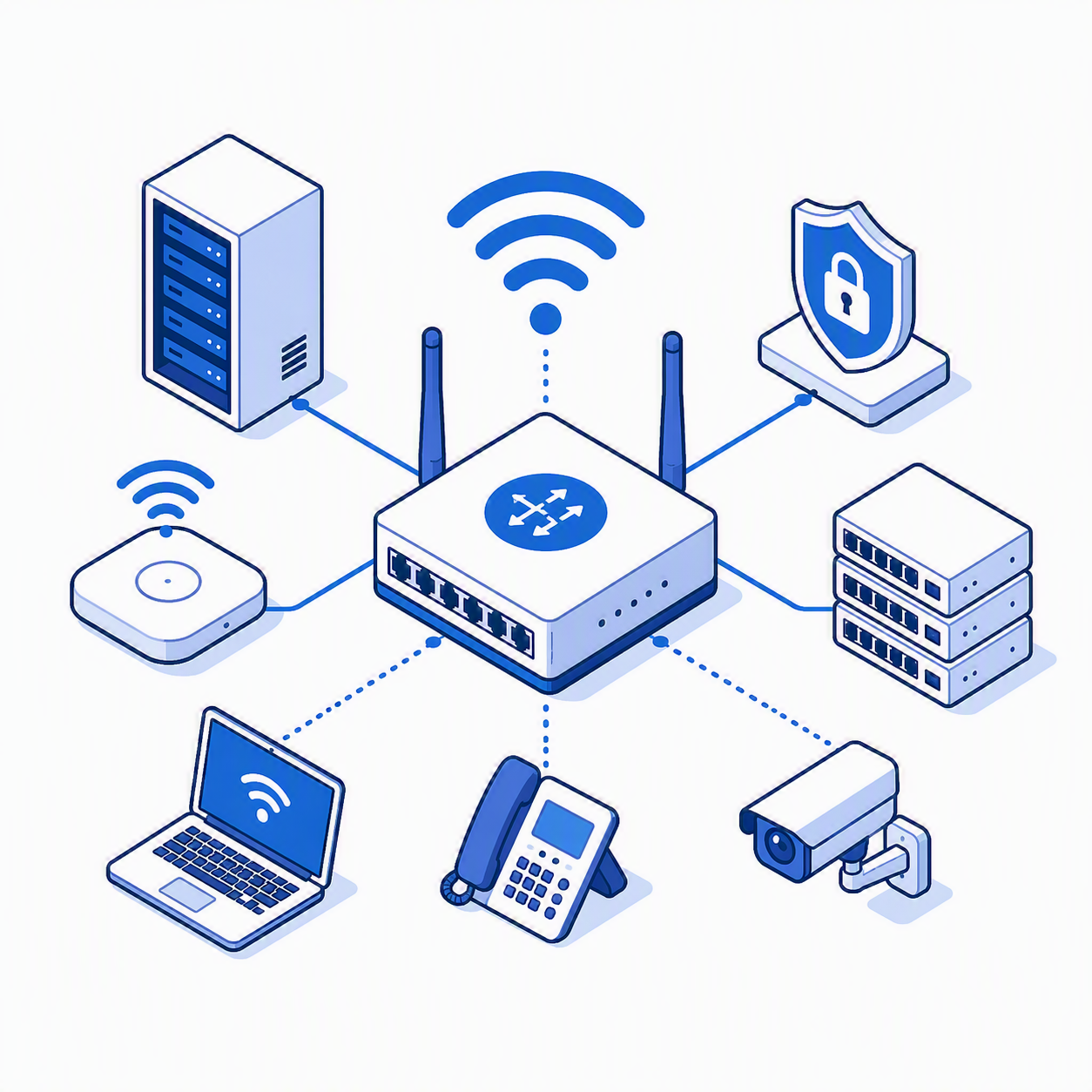 Illustration of a network setup with a central router connecting to a server, a data storage device, a security shield representing cybersecurity, a wireless access point, a laptop, a desk phone, a security camera, and a network switch, all depicted in a blue and white color scheme.
