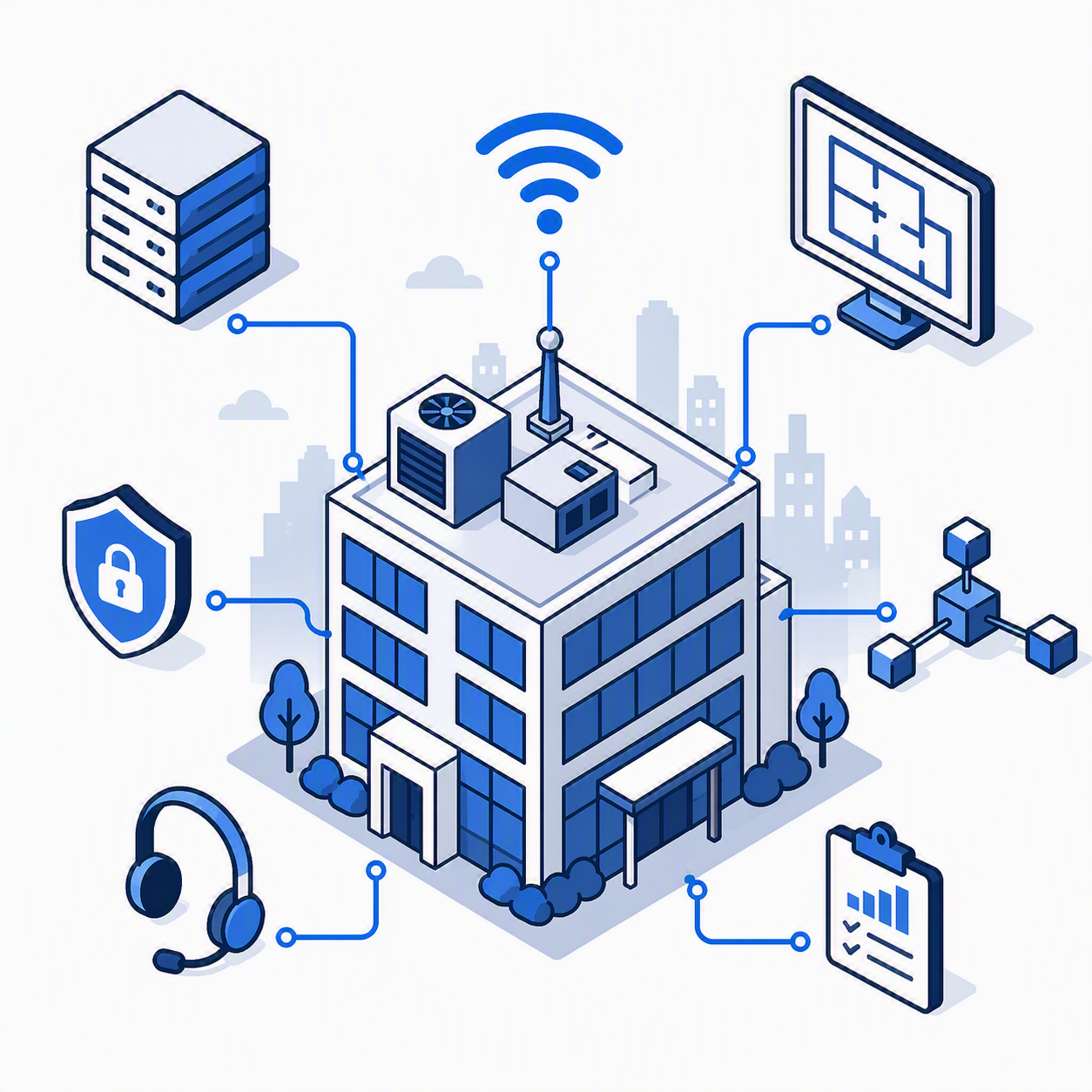 An illustration of a building with various technology icons connected to it, representing smart building or IoT systems, including data servers, Wi-Fi signal, security shield, network nodes, headset, monitor, and clipboard.