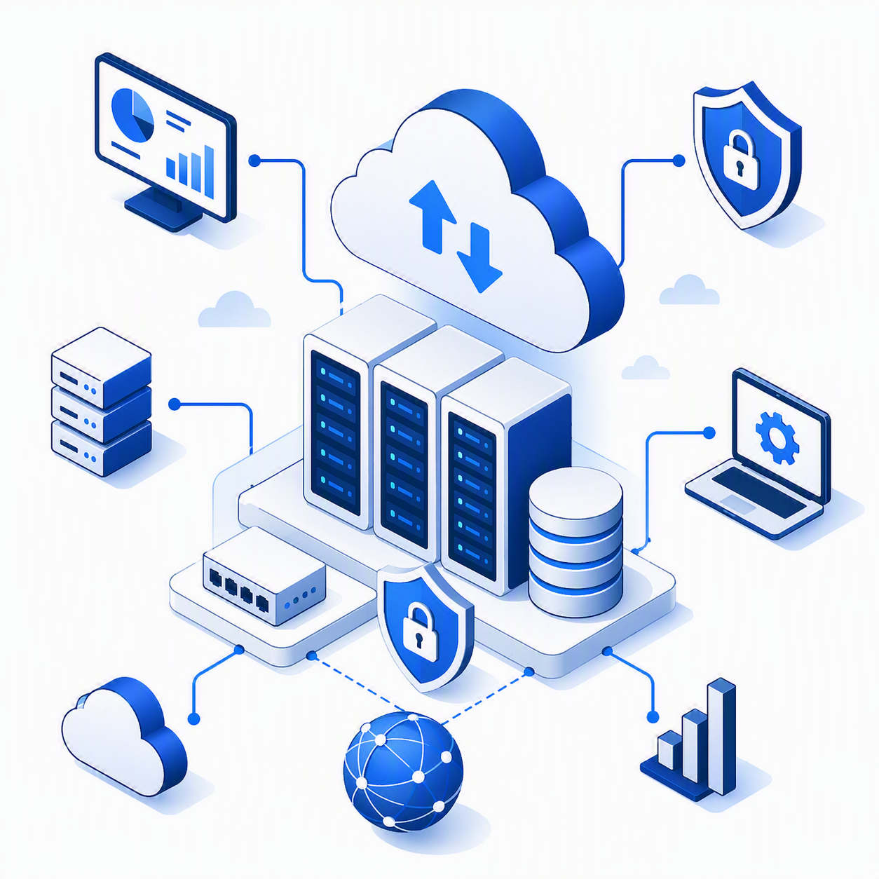 Illustration of cloud computing with servers, data storage, security shields, and data transfer icons in shades of blue and white