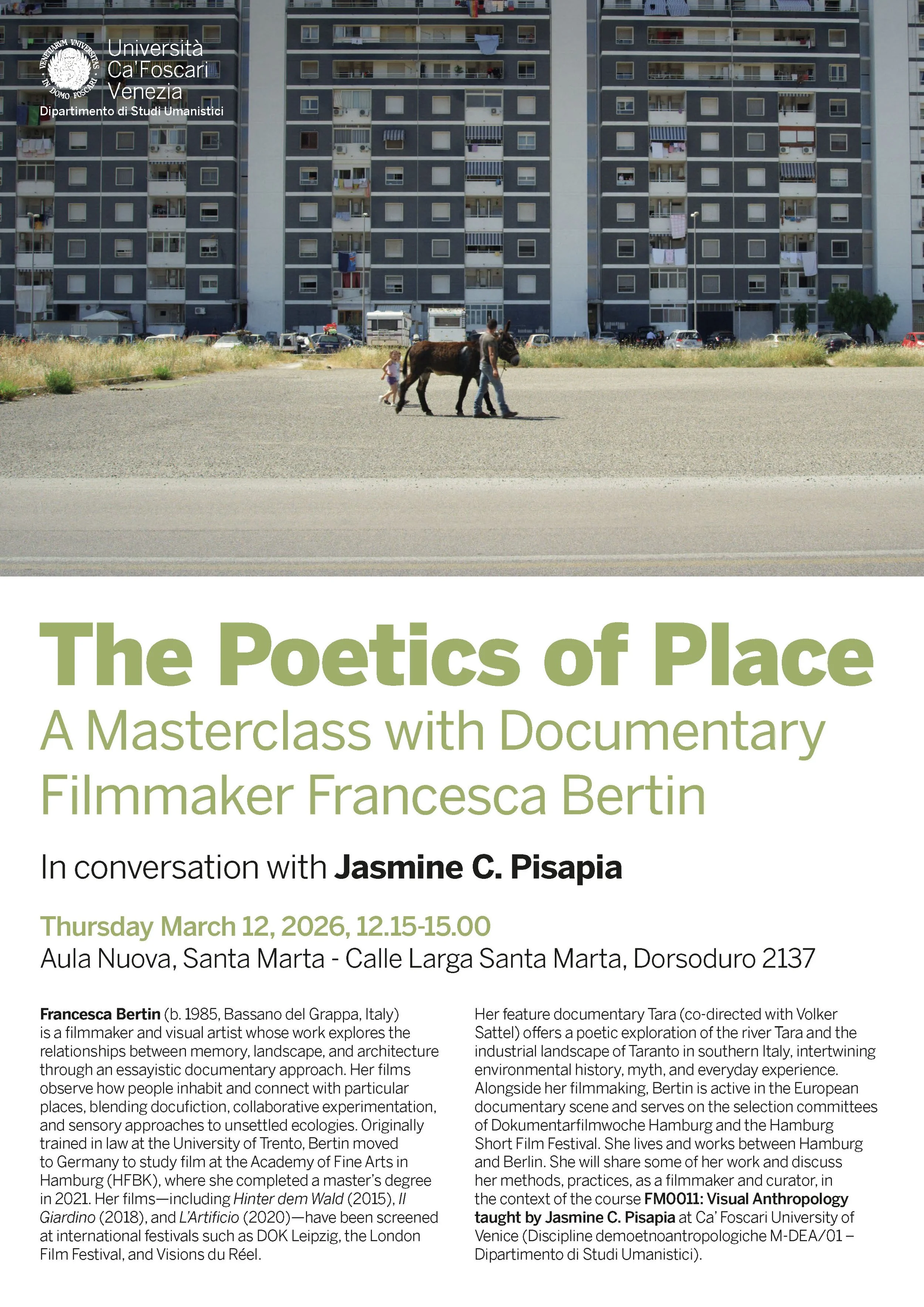 Wonderful conversation with filmmaker Francesca Bertin in the context of my "Visual Anthropology" course at Ca' Foscari University in Venice. March 12, 2026