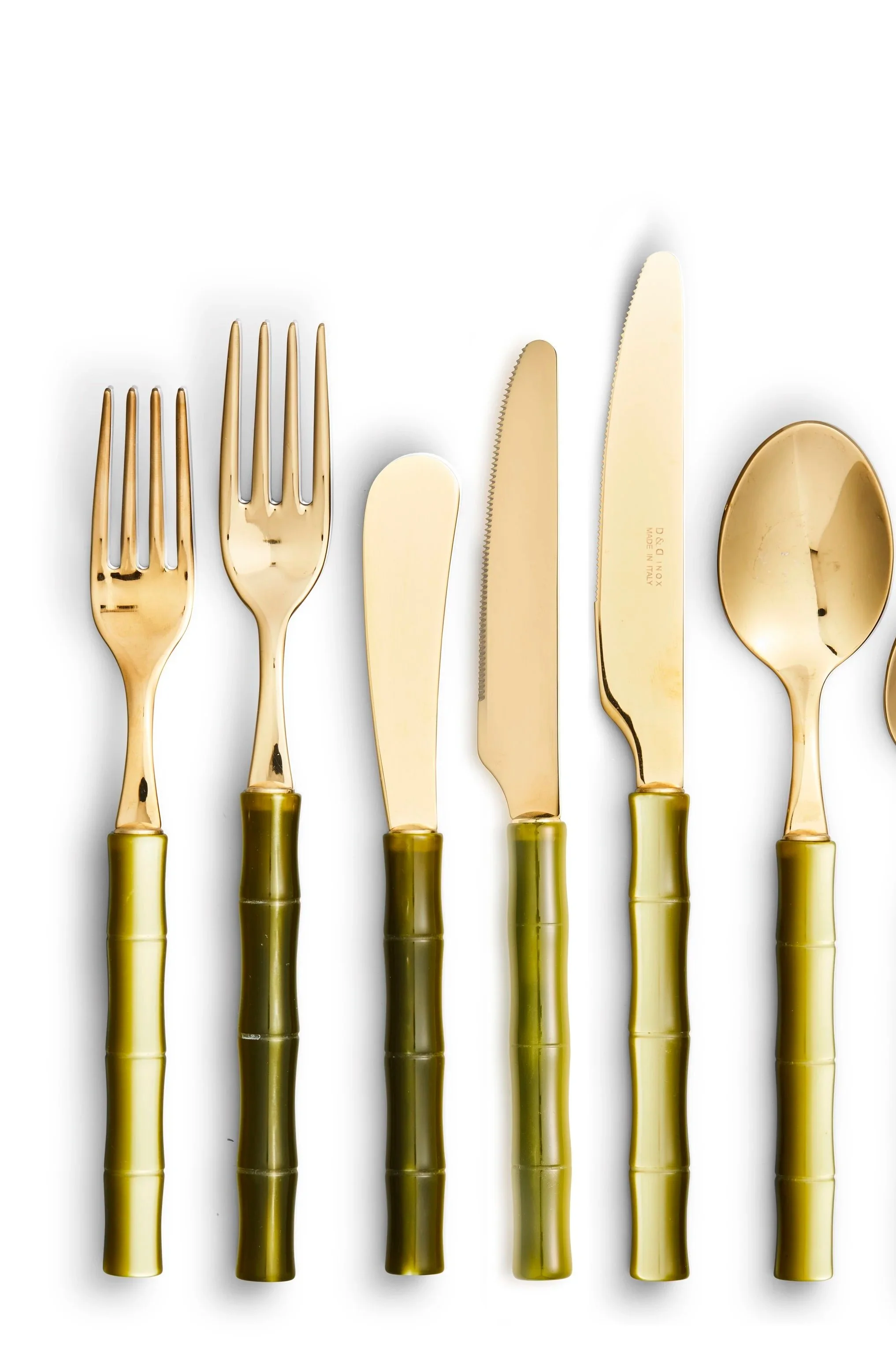 Bamboo Olive & Gold Flatware (per piece)

~Entree Fork; Salad Fork; Entree Spoon; Entree Knife; Butter Knife.