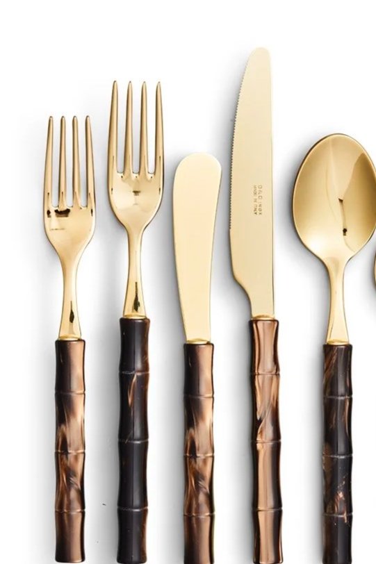 Bamboo Tigers Eye & Gold Flatware (per piece)

~Entree Fork; Salad Fork; Entree Spoon; Entree Knife; Butter Knife