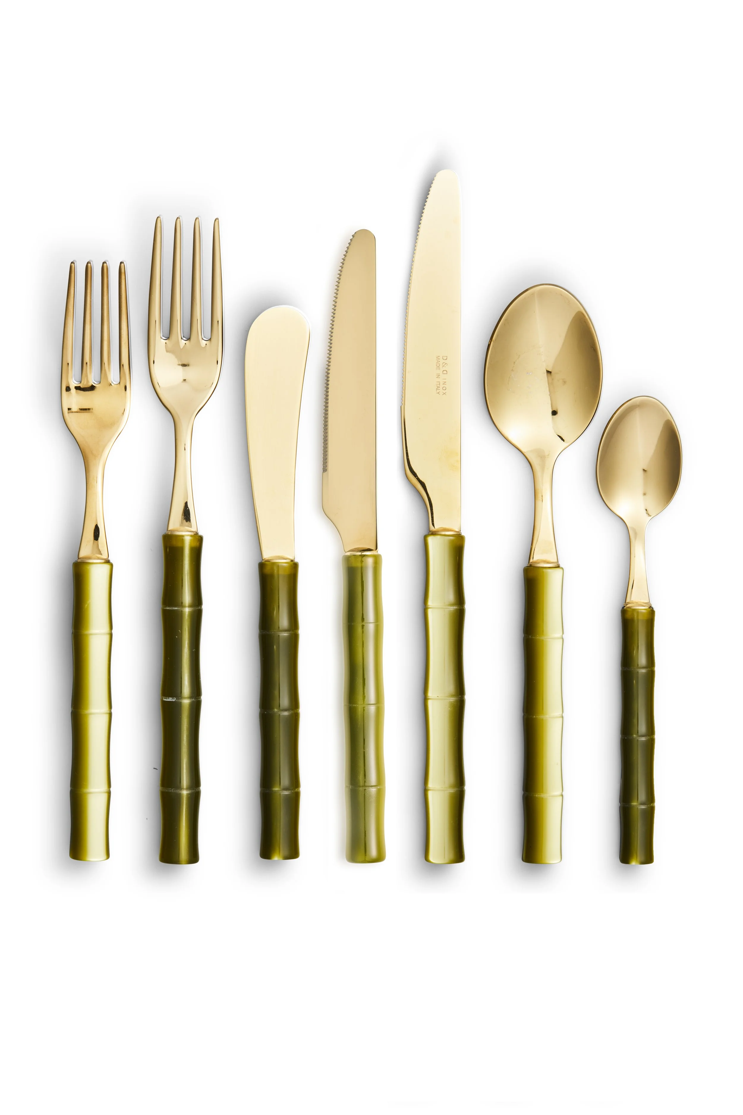 Bamboo Olive & Gold Flatware (per piece)

~Entree Fork; Salad Fork; Entree Spoon; Teaspoon; Entree Knife; Butter Knife
