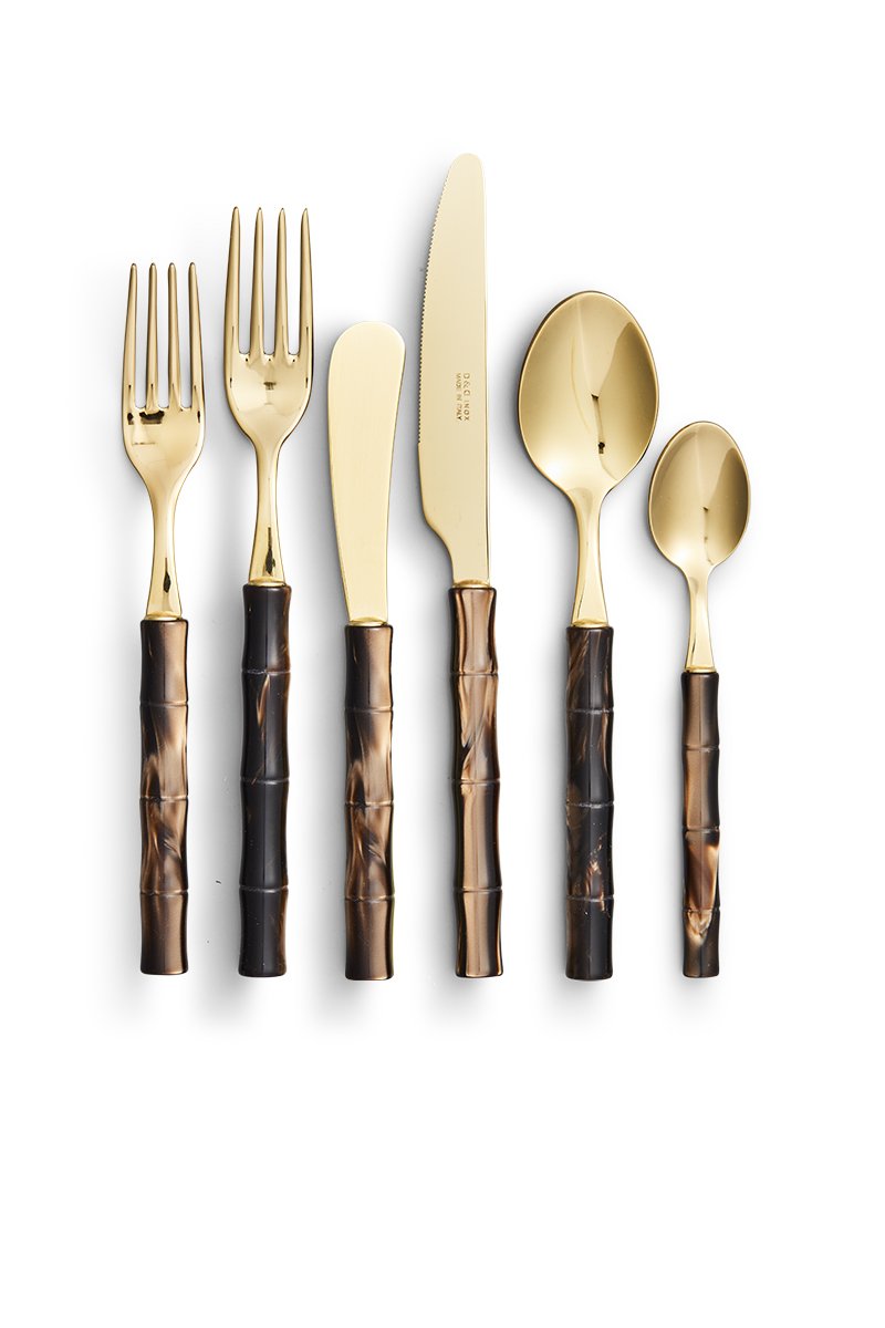 Bamboo Tigers Eye & Gold Flatware (per piece)

~Entree Fork; Salad Fork; Entree Spoon; Teaspoon; Entree Knife; Butter Knife