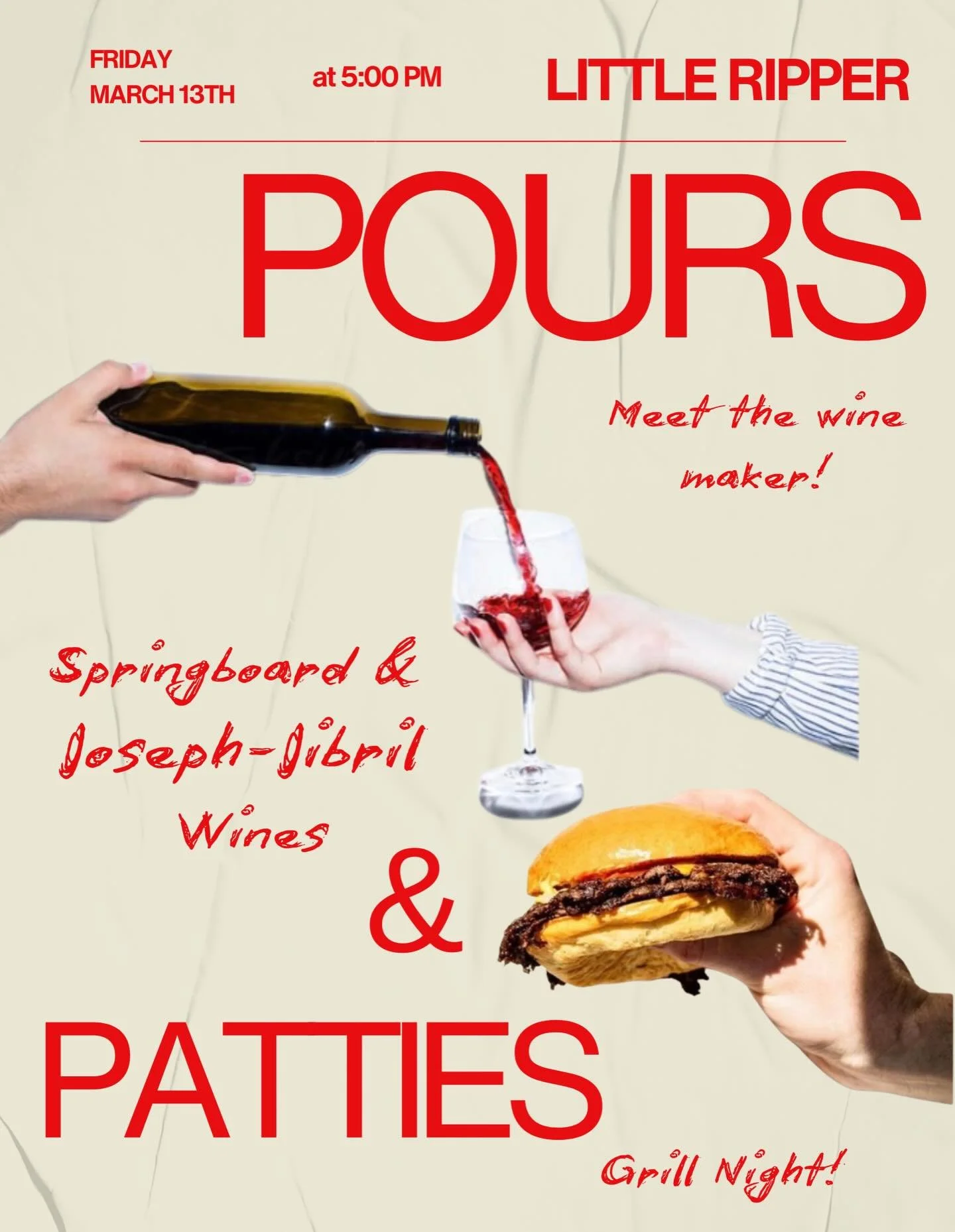Come kick it with us @littleripper.la 

Burgers, wines, and good freakin&rsquo; times. 

Both winemakers in the house. 

One night only! Make a reze or come slide through.

#littleripper #josephjibrilwines #sonomawine #colorseries