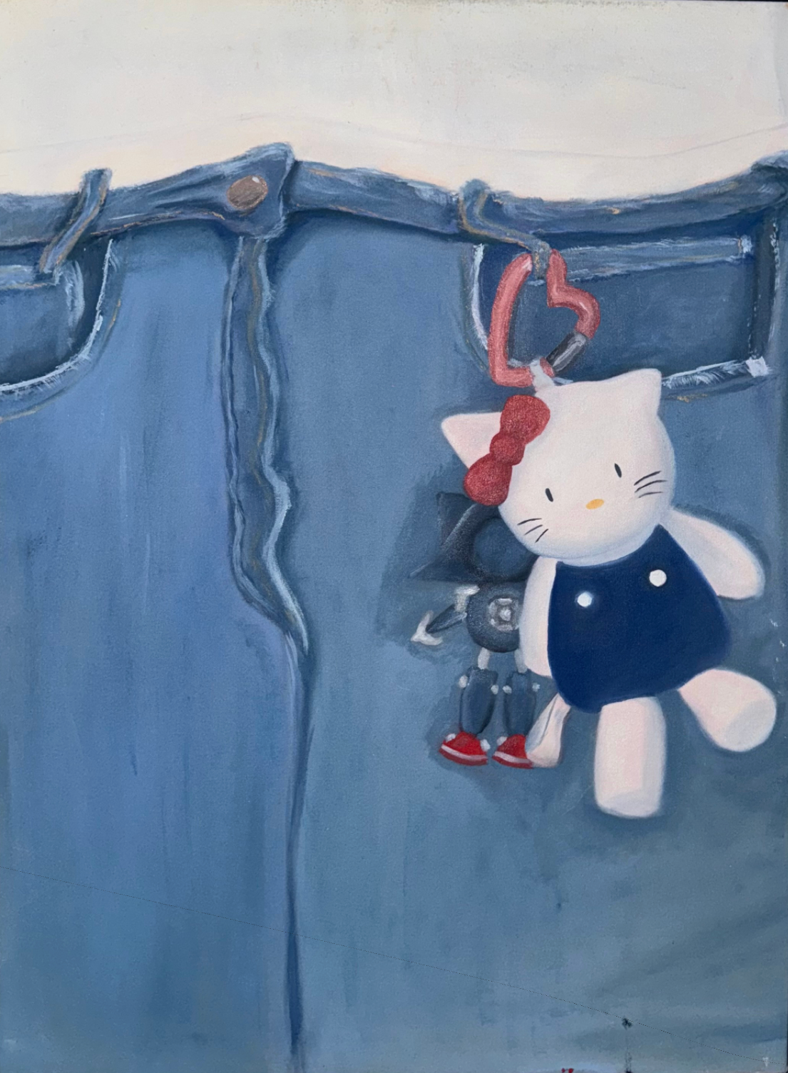 Keychains , 2025, Oil on canvas, 24 x 18 inches.
Hello Kitty and Metal Sonic turned into keychains.
That is all this painting is — existence.