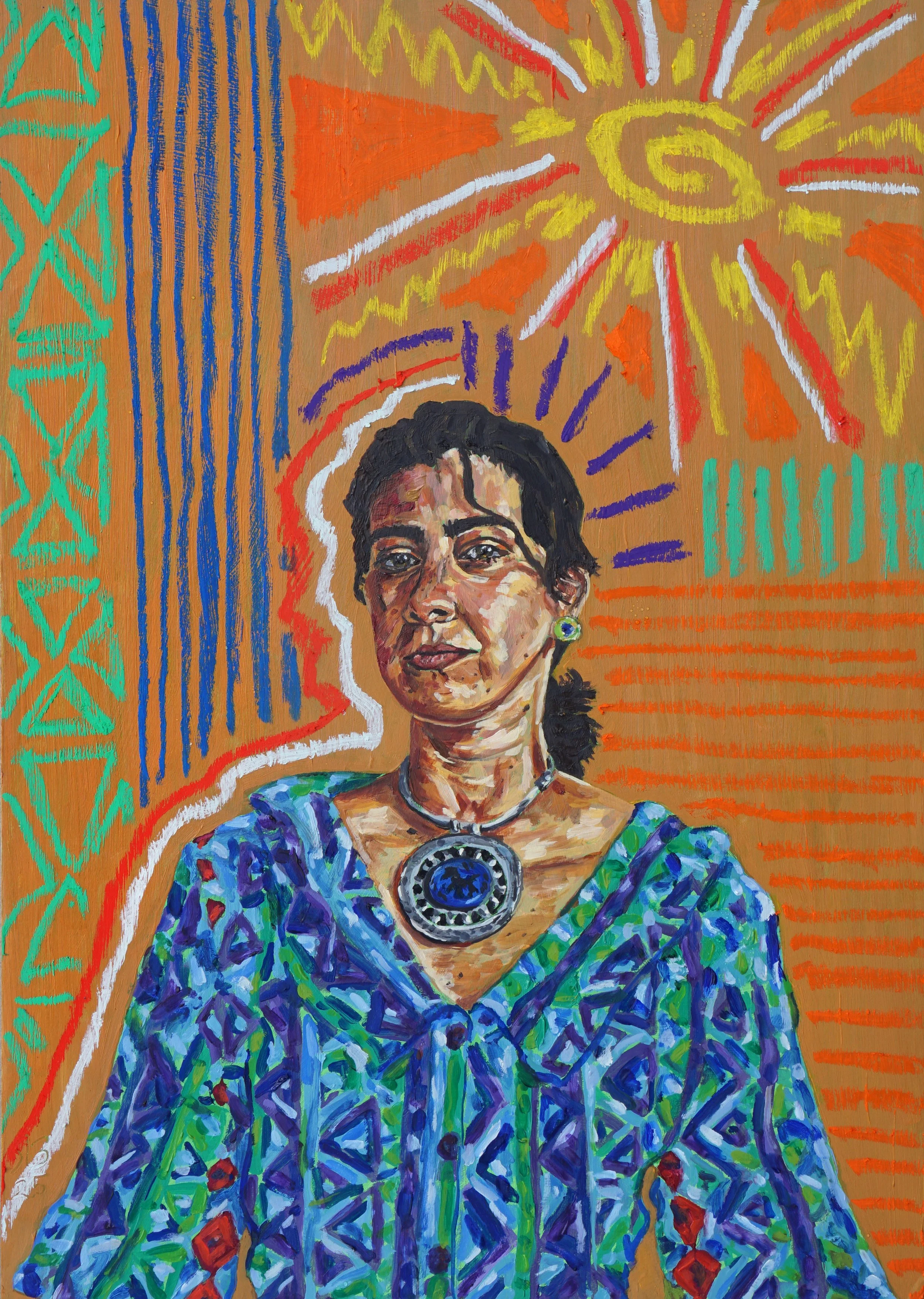 Self Portrait after Gwen John, oil and oil stick on foam board, 42 x 29.5cm