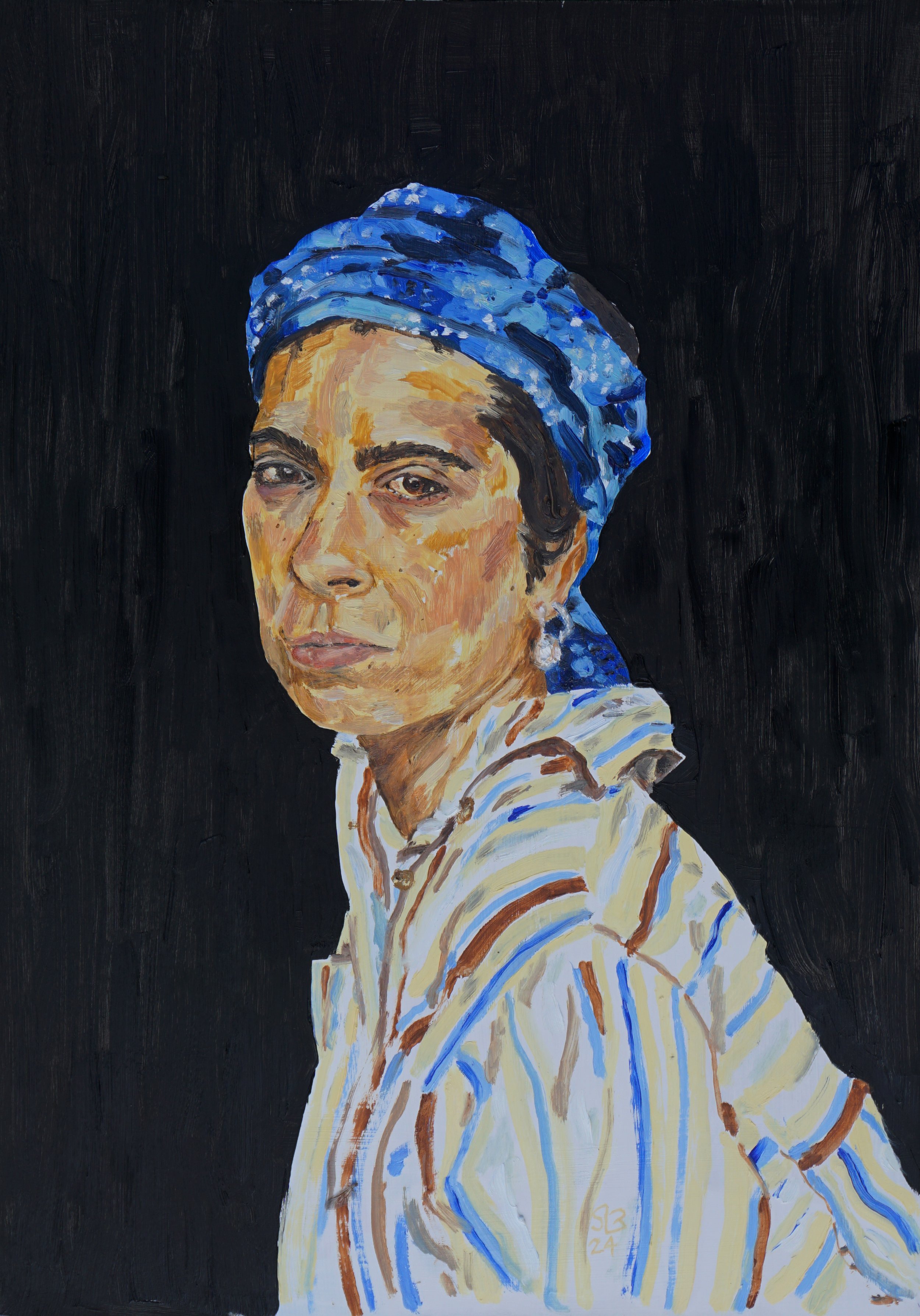 Me with a Fake Pearl Earring, oil on foam board, 42 x 29.5cm