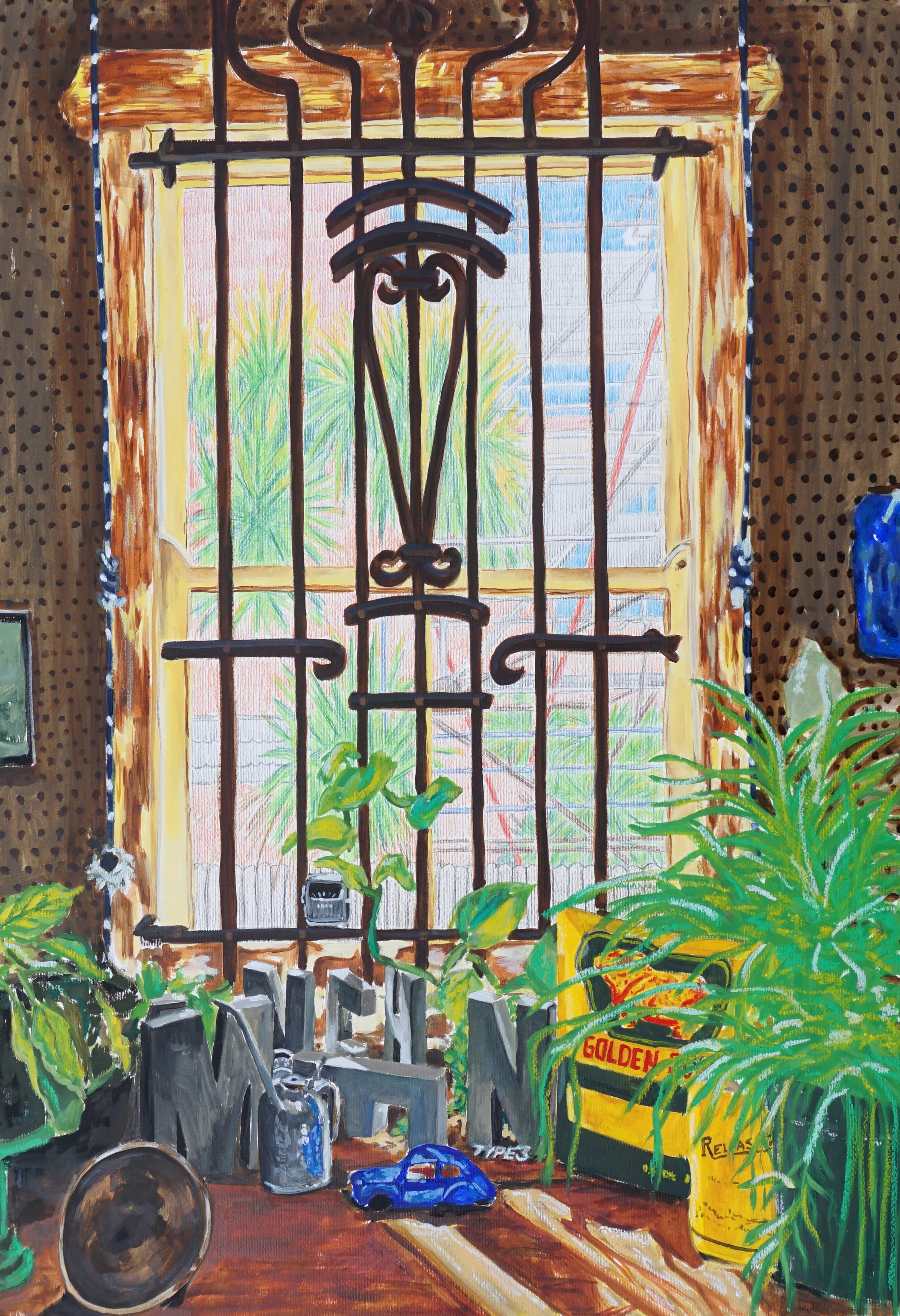 Work Window, oil, oil stick, and coloured pencil on Hahnemuhle, 100 x 70cm