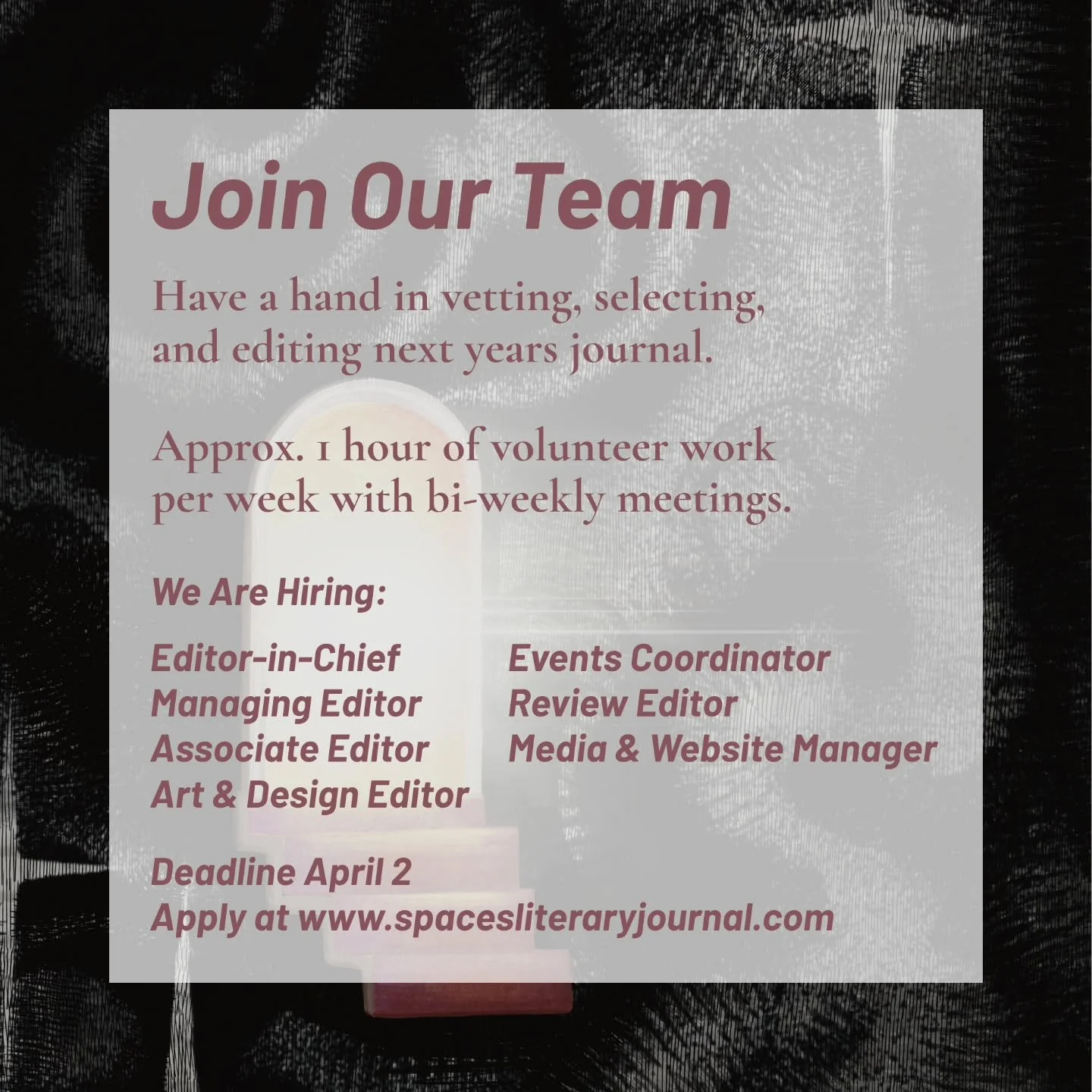 Applications to join next year's [spaces] team are open! 🎉 Apply at www.spacesliteraryjournal.com by April 2