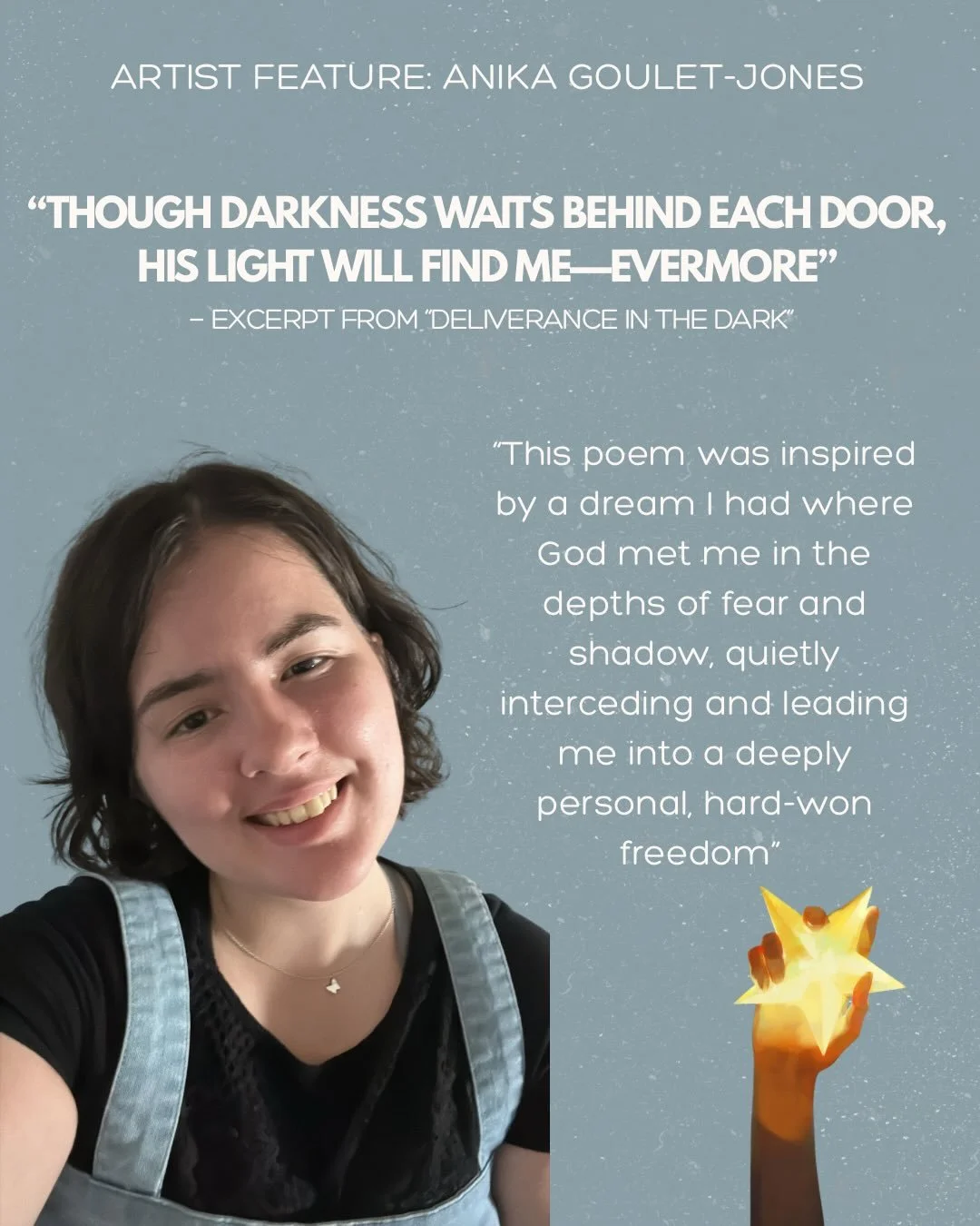 Our first artist feature is here and we&rsquo;re delighted to introduce Anika Goulet-Jones, one of our many wonderful contributors to this year&rsquo;s [spaces] journal! 

Sneak peek from Anika&rsquo;s poem &ldquo;Deliverance in the Dark&rdquo; &mdas