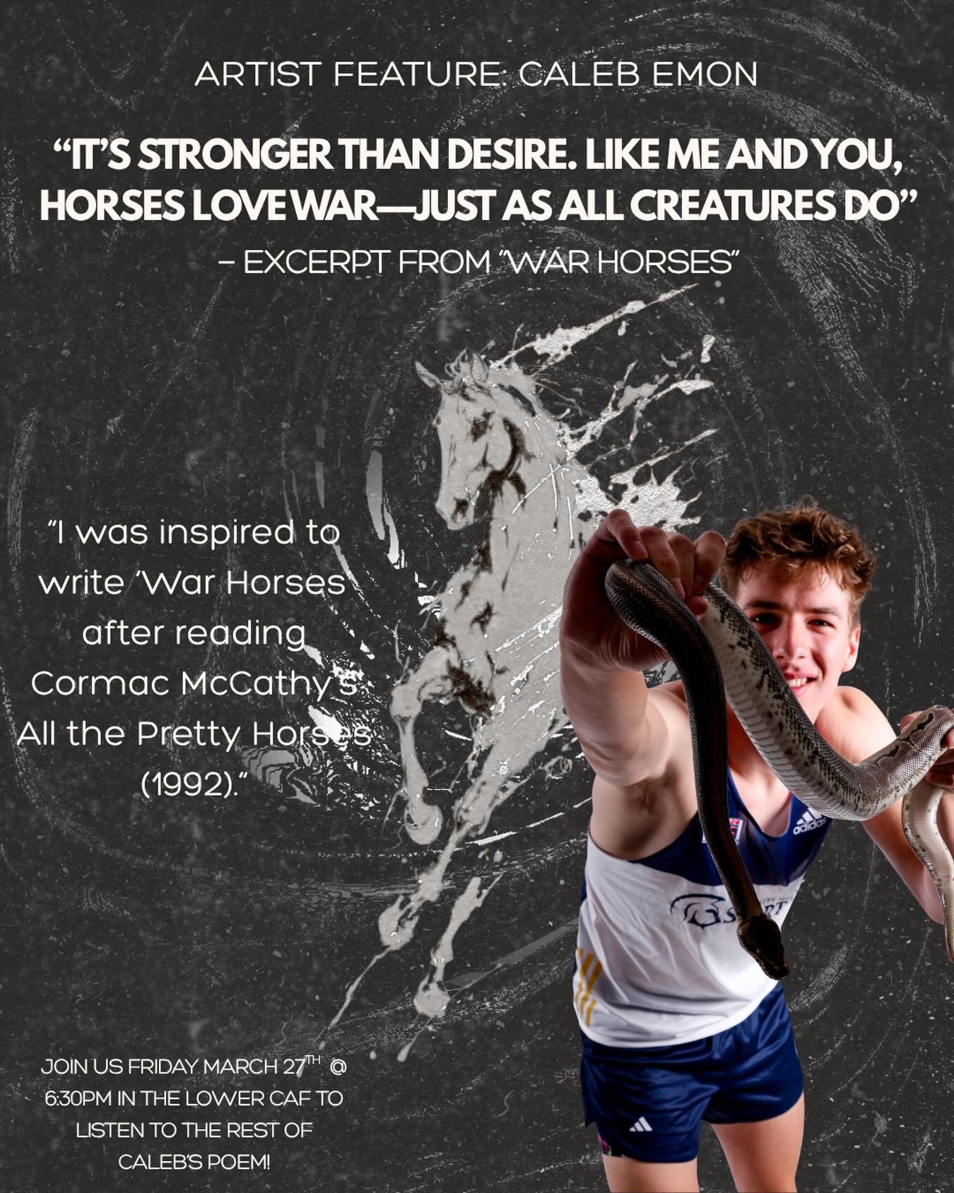 Our book launch party is almost here, so don&rsquo;t miss out on hearing Caleb Emon read his wonderful poem tomorrow! 

Check out an exerpt from War Horses&rdquo;&mdash;
&ldquo;It&rsquo;s stronger than desire. Like me and you,
Horses love war&mdash;j