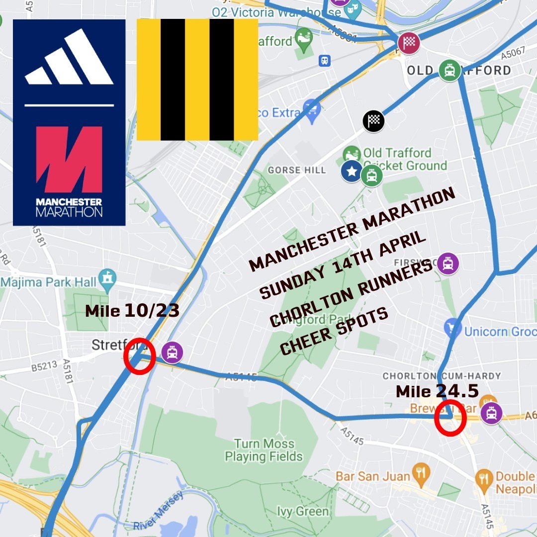 🏃&zwj;♂️🏃&zwj;♀️ MANCHESTER MARATHON 🏃&zwj;♂️🏃&zwj;♀️
SUNDAY 14TH APRIL
CHORLTON RUNNERS CHEER SPOTS

MILE 10 / 23 - STRETFORD MALL, CHESTER ROAD
MILE 24.5(ish) - FOUR BANKS, BARLOW MOOR ROAD

Good luck to all our runners, and all other runners t