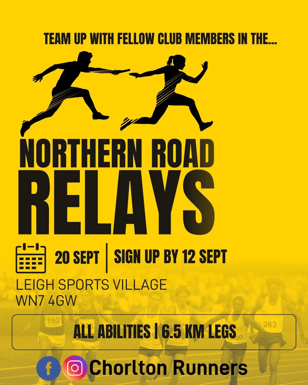 🏃&zwj;♀️🏃&zwj;♂️Northern Road Relays🏃&zwj;♀️🏃&zwj;♂️👌

🔗See link to sign up in linktree in bio🔗

🗓️ Sat 20 Sept (sign-up deadline 12 Sept, &pound;8), Leigh Sports Village, WN7 4GW

🏁 Race 6.5km legs in a relay team of Chorlton Runners &ndash