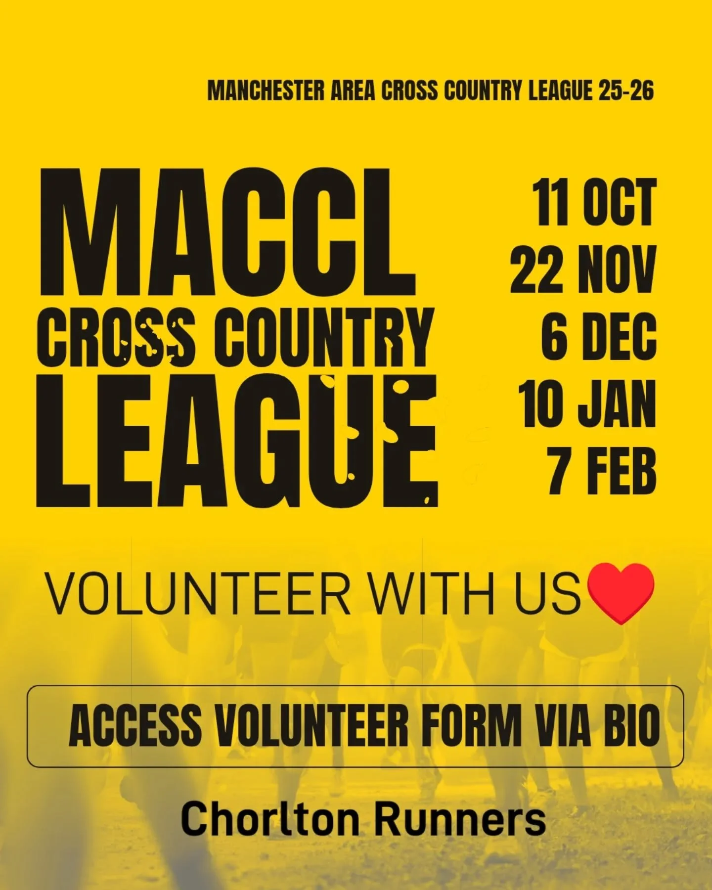 &hearts;️🏃&zwj;♀️ WE'D LOVE YOU HELP VOLUNTEERING AT THIS YEAR'S MACCL XC&hearts;️💯👍

Check the FORM LINK in our bio to sign up to one of the dates in the post.

11 OCT
22 NOV
6 DEC
10 JAN
7 FEB

The standard jobs are as follows:
Collect and bring