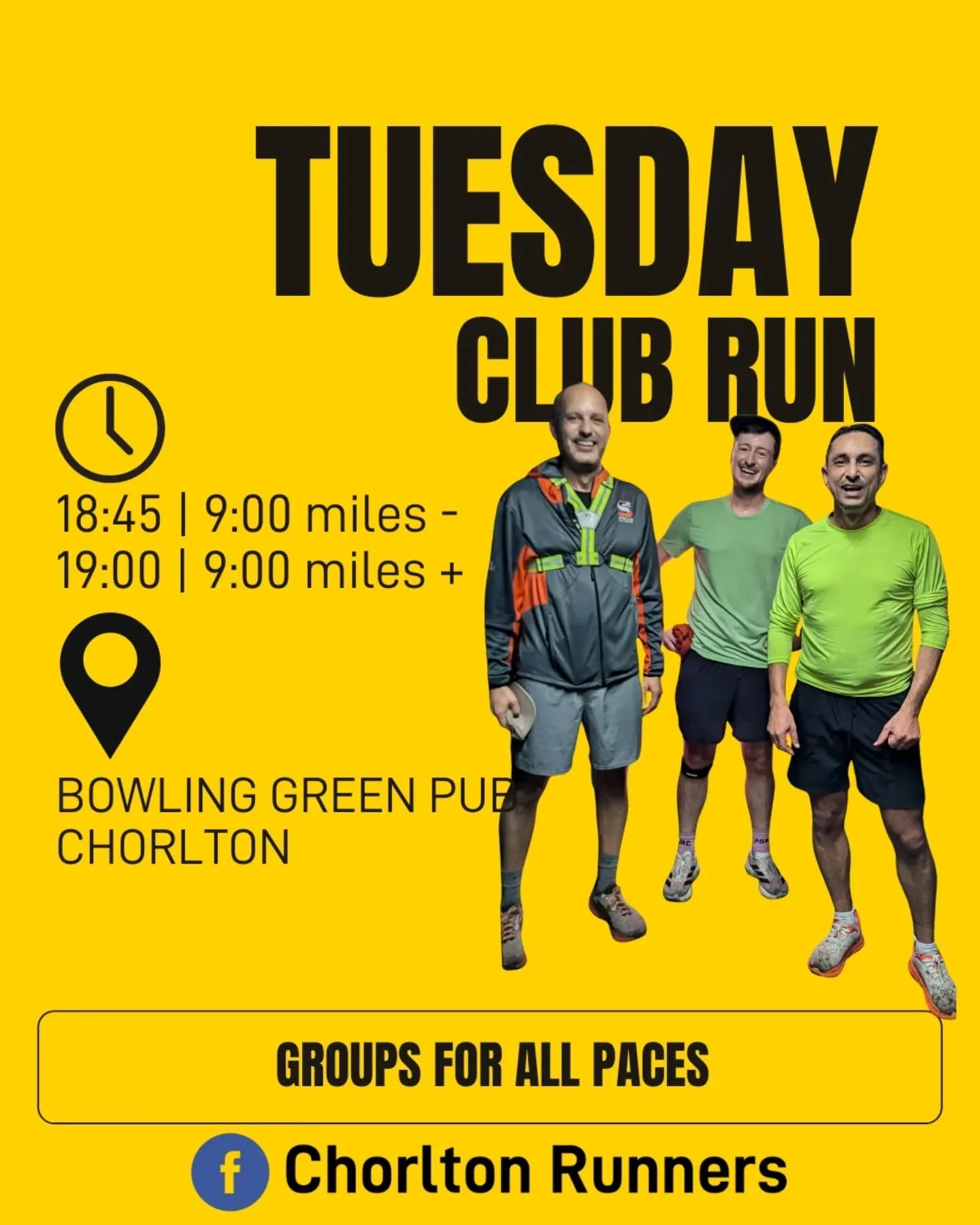 Our Tuesday Club Runs @ the Bowling Green in Chorlton from 18:45.

18:45 for paces of 09:00/miles and slower 
19:00 for paces of 09:00/miles and faster

Everyone welcome. All paces catered for. Our fantastic run leaders. 

#chorltonrunners #clubruns 