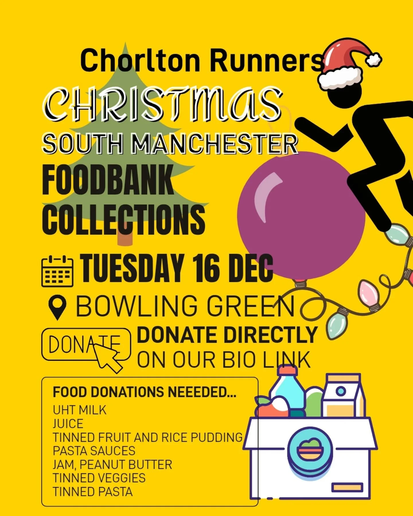 Seasons Greetings 🖤💛

We're throwing our weight behind South Manchester Central Foodbank's Xmas drive for food and monetary donations by holding our annual Xmas Clubnight collection on TUES 16th DECEMBER at the usual times and place (ie the Bowling