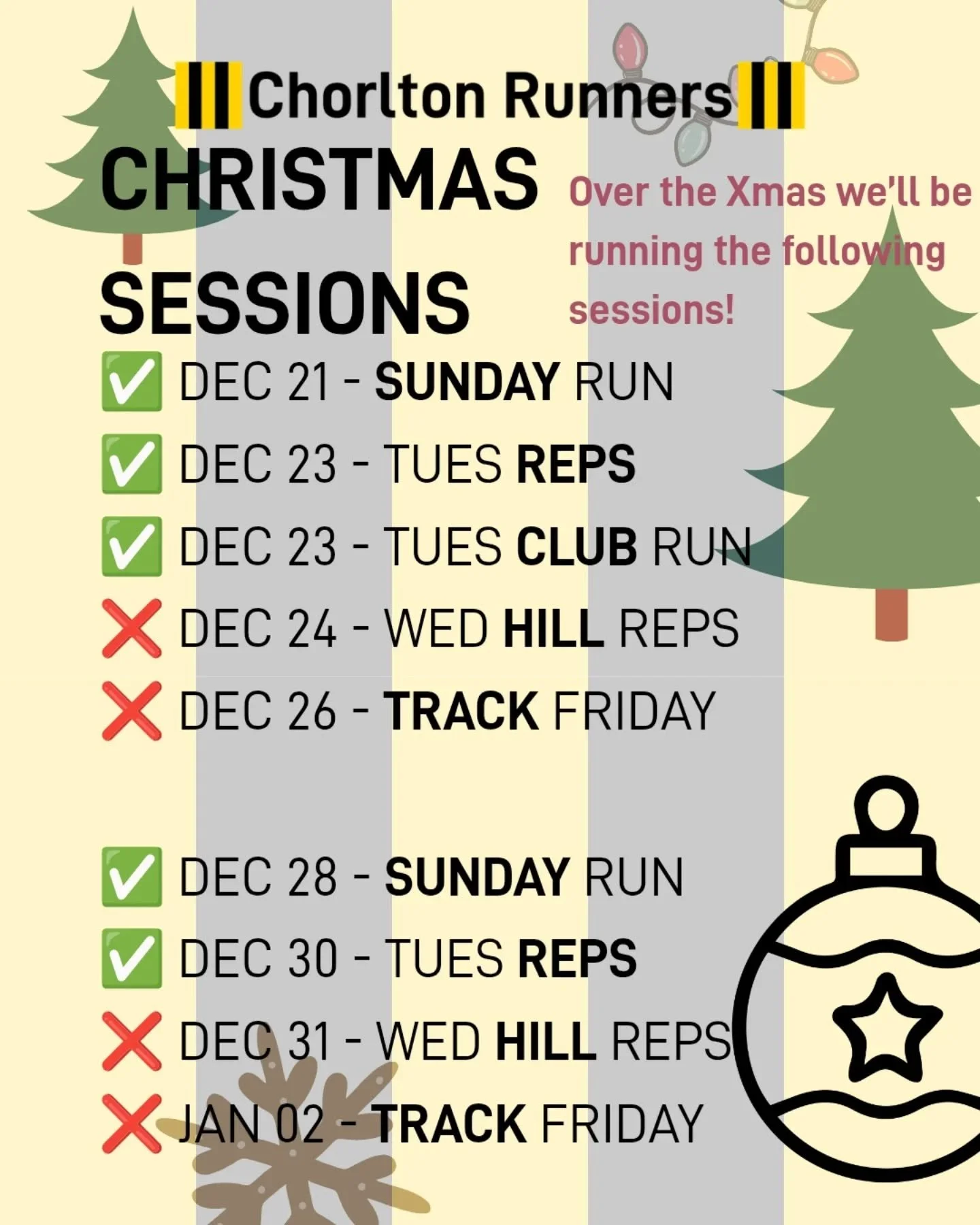 ⛄❄️ OUR CHRISTMAS SESSIONS🌲🌟
We're still running our sessions over the festive period. See below for which we're doing until we're back to normal into 2026 and our healthy new year's resolutions!

✅ DEC 21 - SUNDAY RUN
✅ DEC 23 - TUES REPS
✅ DEC 23