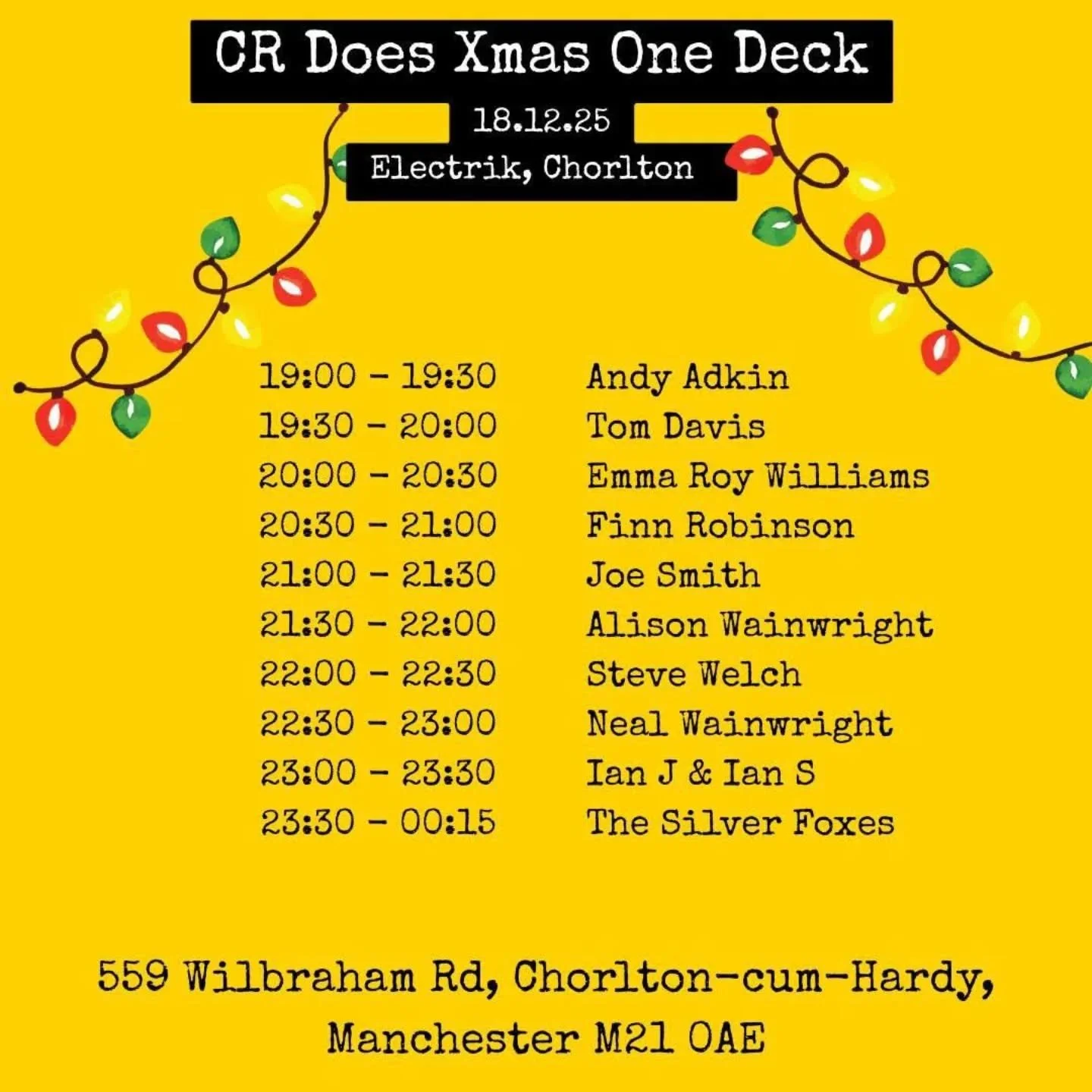 🏃&zwj;♀️🏃CHORLTON RUNNERS🥈🏁

🎧💽 ONE DECK CHRISTMAS PARTY🌲❄️

DJs and choonz all night long tonight at our infamous Christmas party! Come along. The set list is clearly fabulous with top talent... 😊

At Electrik SEE YOU THERE XXX