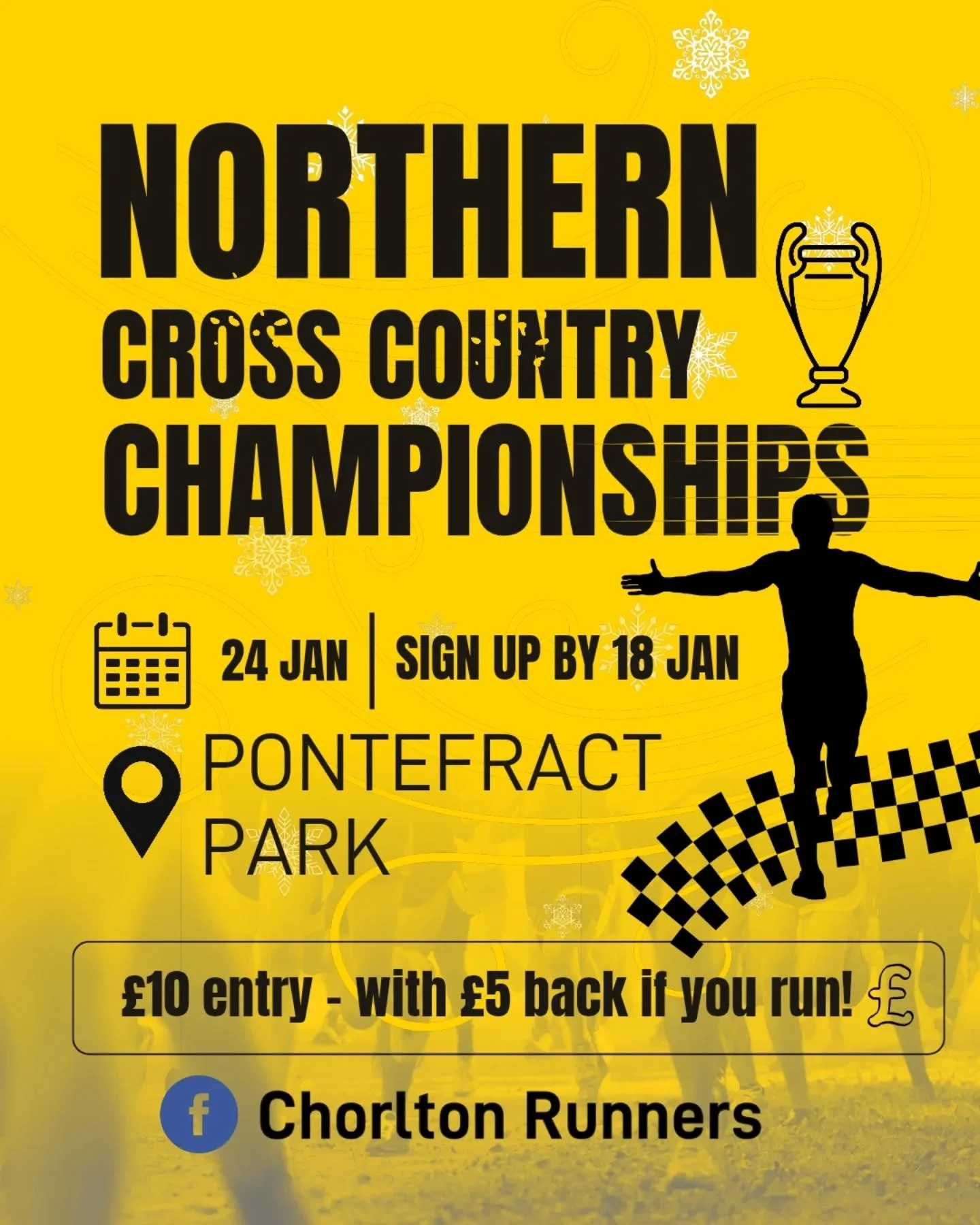 🏃NORTHERN CROSS COUNTRY CHAMPIONSHIPS 🥇 

🗓️ Date and entry
Saturday 24th Jan at Pontefract Park WF8 4QD. 

💵 &pound;10 (but &pound;5 back when you run)

👍Deadline 18 JAN. No entries after this point. If it looks &ldquo;Sold Out&rdquo;, we have 