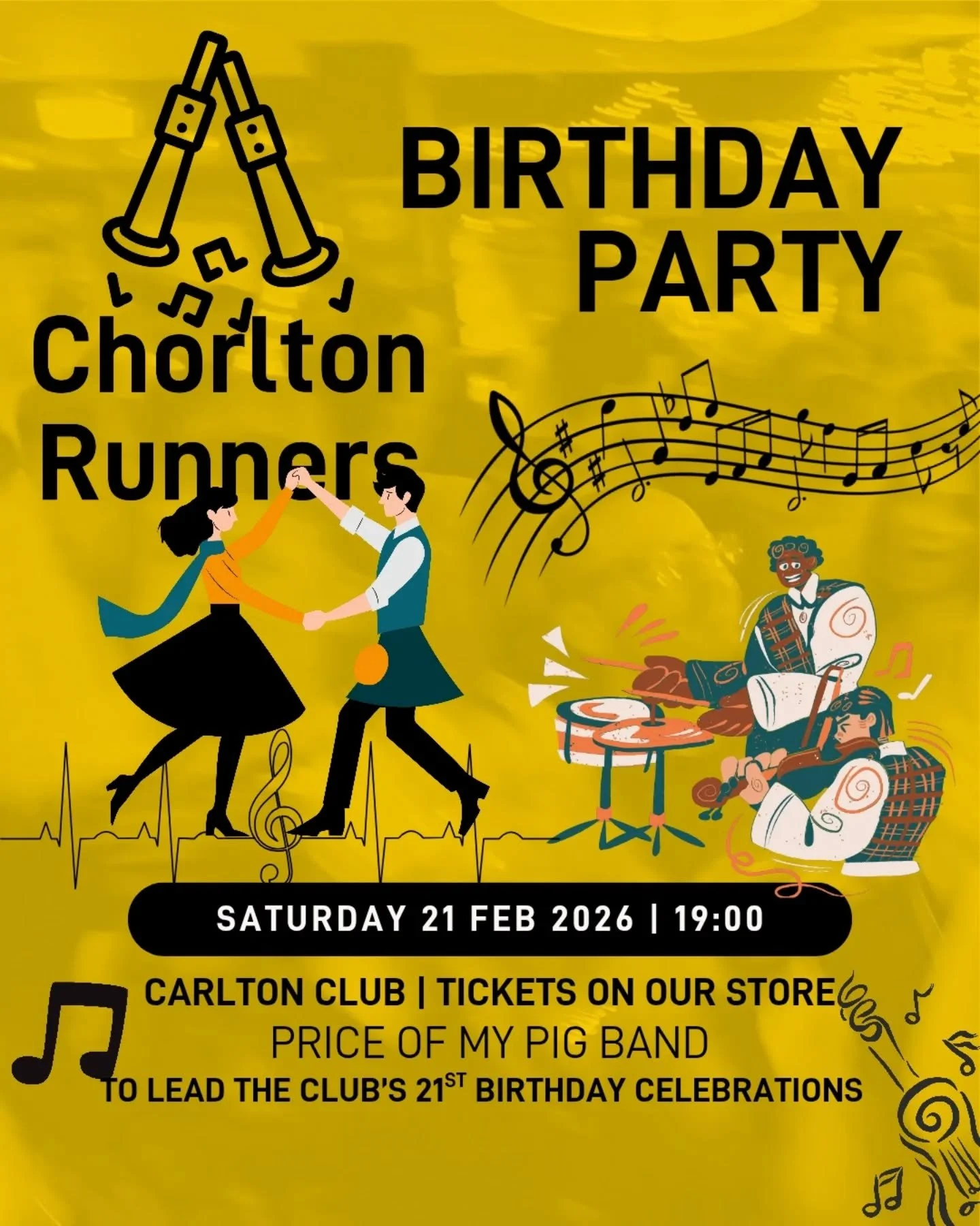 CHORLTON RUNNERS
🎵🎂🏃21st BIRTHDAY PARTY🌟🏃🎵
@carltonclubmcr
@chorltonrunners

Tickets now on sale for the CR 20th birthday party ceilidh on Saturday 21st February 2026.

GO TO OUR STORE TO BUY A TICKET
chorltonrunners.co.uk/store
Or go to our LI