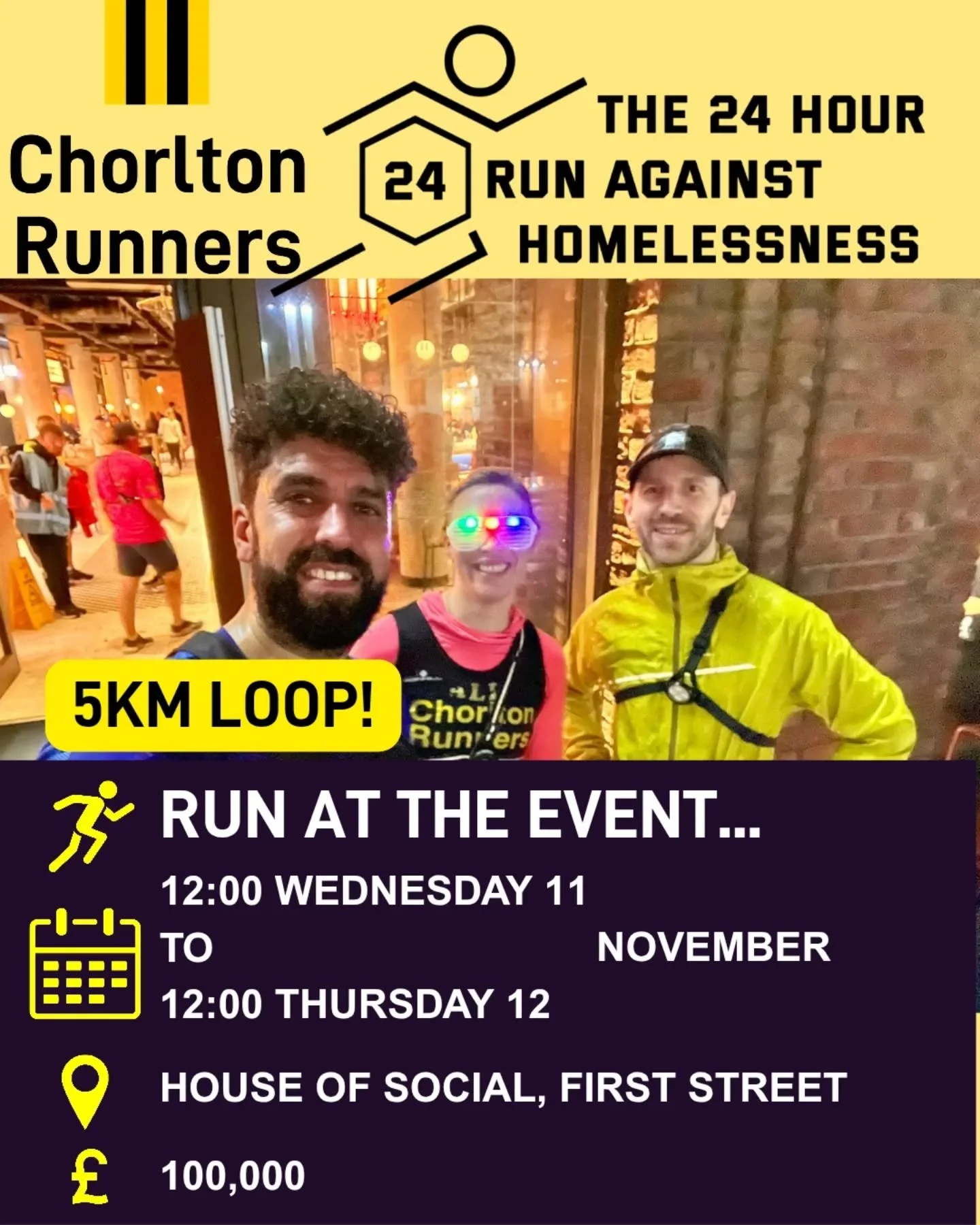 mcr24hourrun Help us raise &pound;100,000 for the @gmmayorscharity, A Bed Every Night.

Join for a 5 km lap around the centre of Manchester, at anytime from Midday Wednesday 11th November to Midday Thursday 12th November at @houseofsocial_mcr in @fir