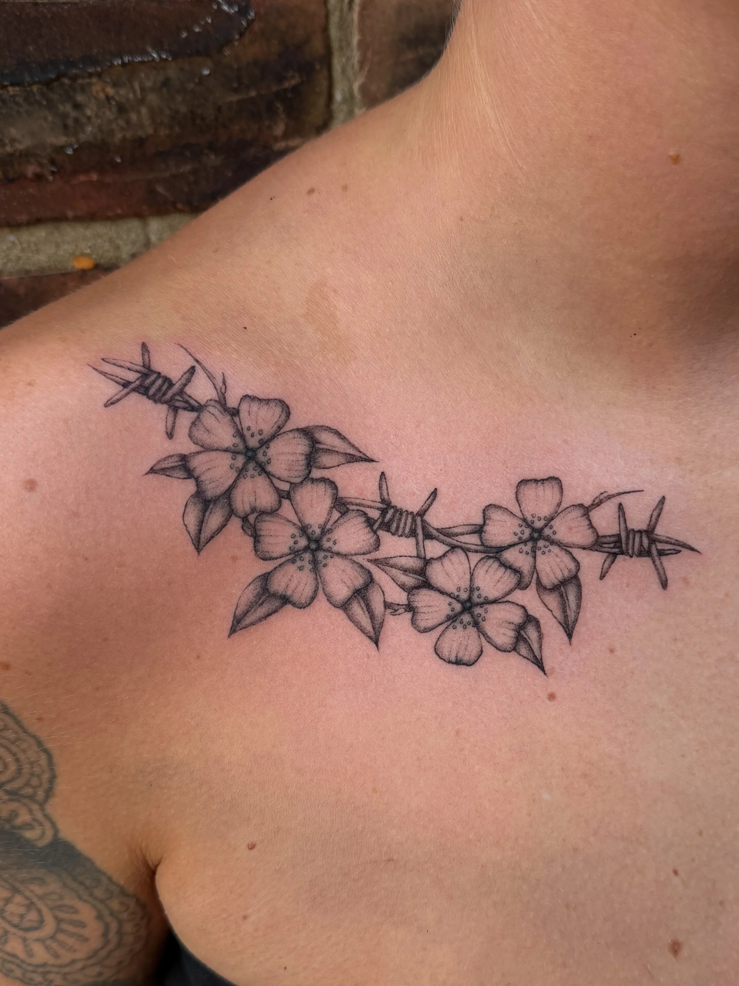 Matching collarbones for Daisy, done at @parliamenttattoo 🖤