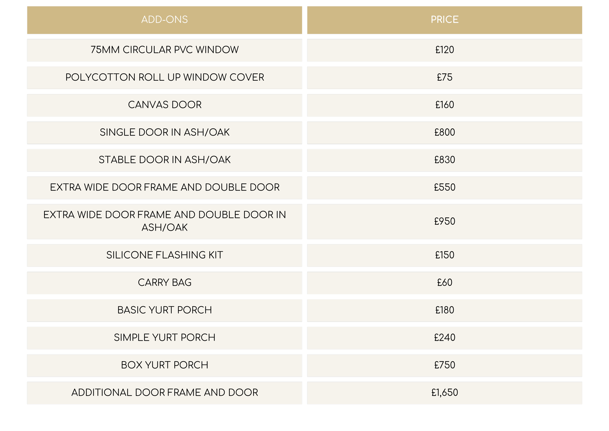 Yurt add ons price list, add-ons pricelist, optional extras prices, table showing prices of yurt porches, yurt windows, canvas flashing kits and oak yurt doors