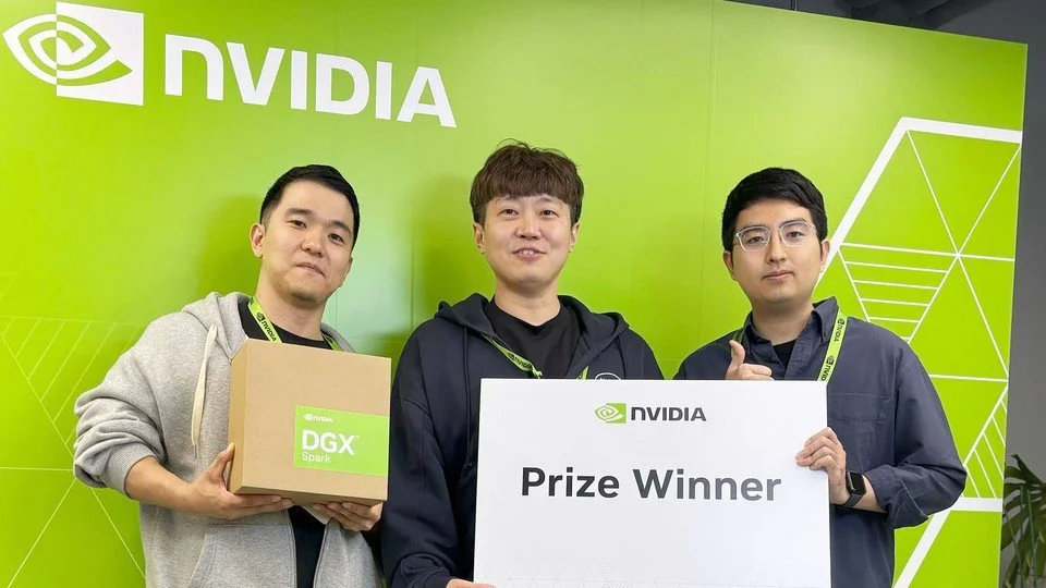 Nota AI's Hancheol Park, Geonmin Kim, and Geonho Lee posing after winning Grand Prize at the NVIDIA Nemotron Hackathon