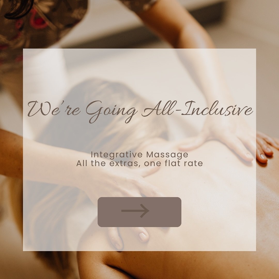 🌿 BIG UPDATE: ALL-INCLUSIVE MASSAGE 🌿

We&rsquo;re shifting to an integrative model &mdash; that means one flat rate with all your favorite extras (like aromatherapy, hot towels, cupping, and more) now included in every session! 🙌

Starting soon, 