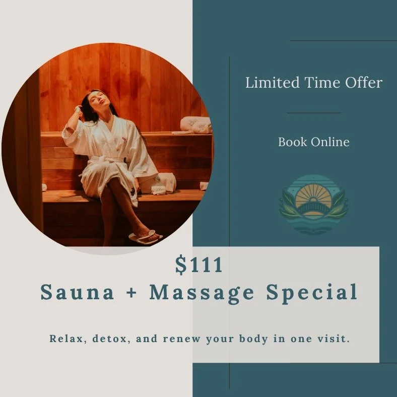 Feeling tense, tired, and stuck in stress mode?
Our Sauna + Massage Special is designed to help you sweat it out, melt it away, and leave renewed.
💆&zwj;♀️ Deep heat from the infrared sauna relaxes tight muscles, while a 60-minute therapeutic massag