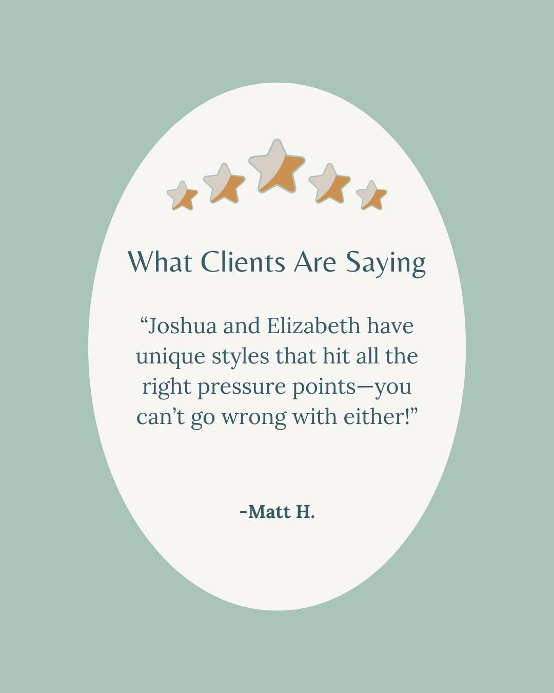 Thankful Thursday 🌿

&ldquo;Both Joshua and Elizabeth have unique styles that hit all the right pressure points and target areas of tightness&mdash;you can&rsquo;t go wrong with either!&rdquo;

We love hearing how our clients feel after their sessio
