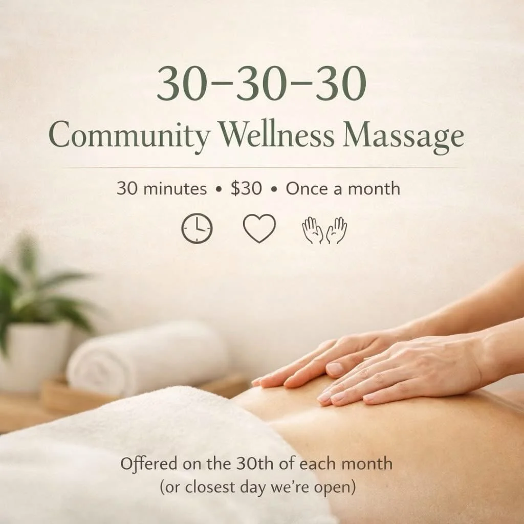 We&rsquo;re excited to launch this way to support community wellness! Our 30-minute massage sessions for $30 happen once a month on the 30th (or the closest day we&rsquo;re open).
These focused sessions are perfect for stress relief, targeted tension