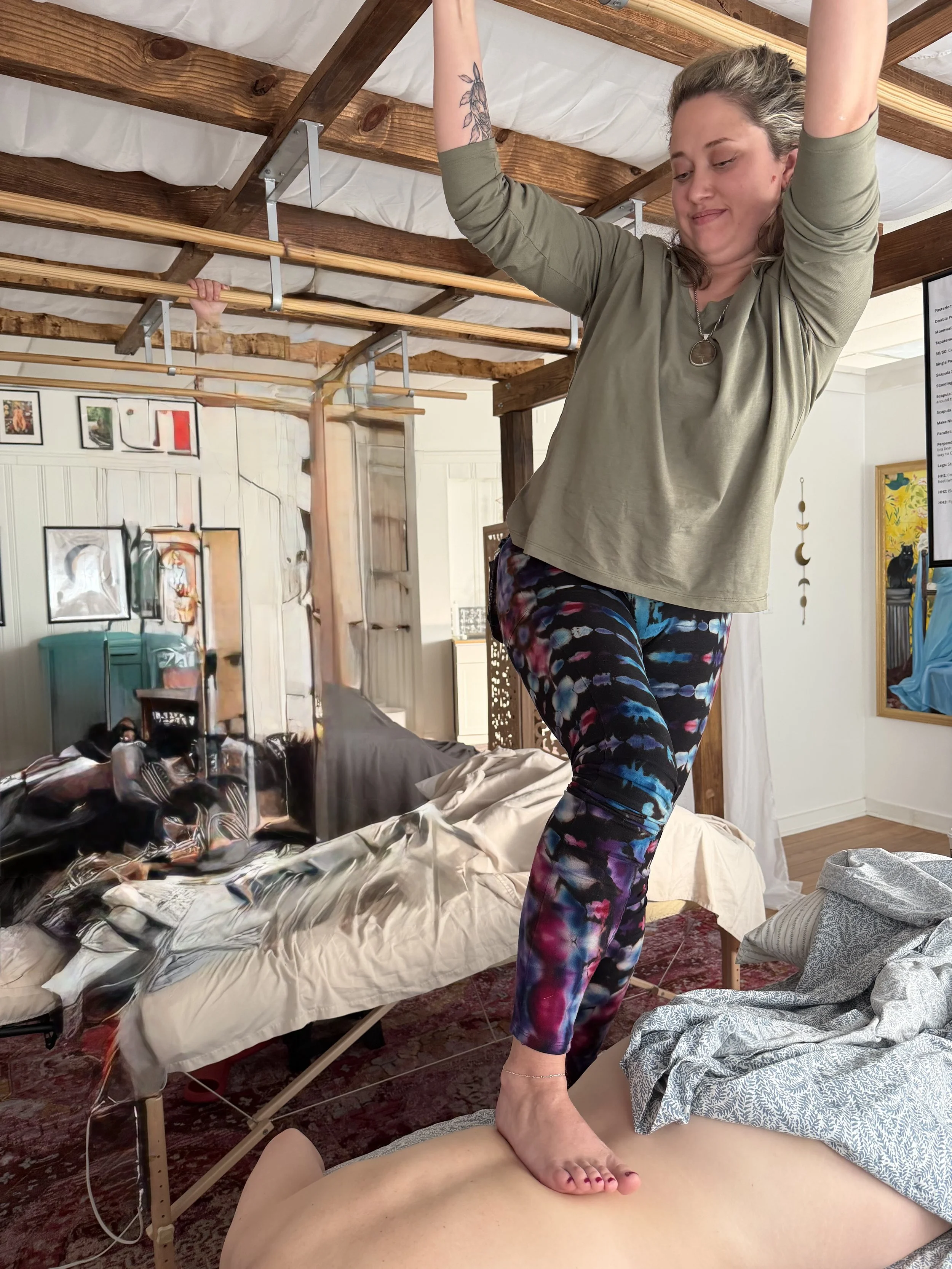 Ashiatsu massage therapy using deep barefoot pressure at New Bridge Holistic Center in Jacksonville NC