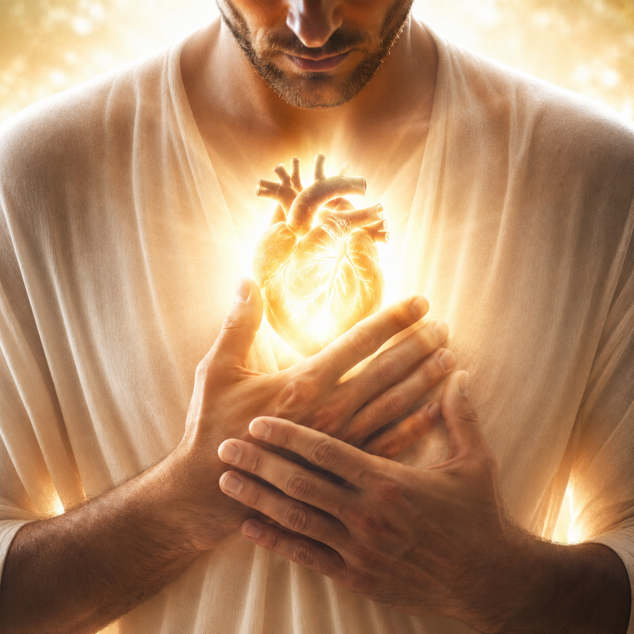 A man with a beard wearing a light-colored shirt has a glowing, digital illustration of a human heart over his chest, with his hands gently touching his chest and the heart.