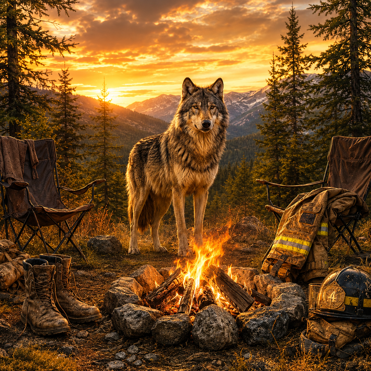 A wolf standing around a campfire in a mountain forest at sunset, with camping chairs, boots, and gear nearby.