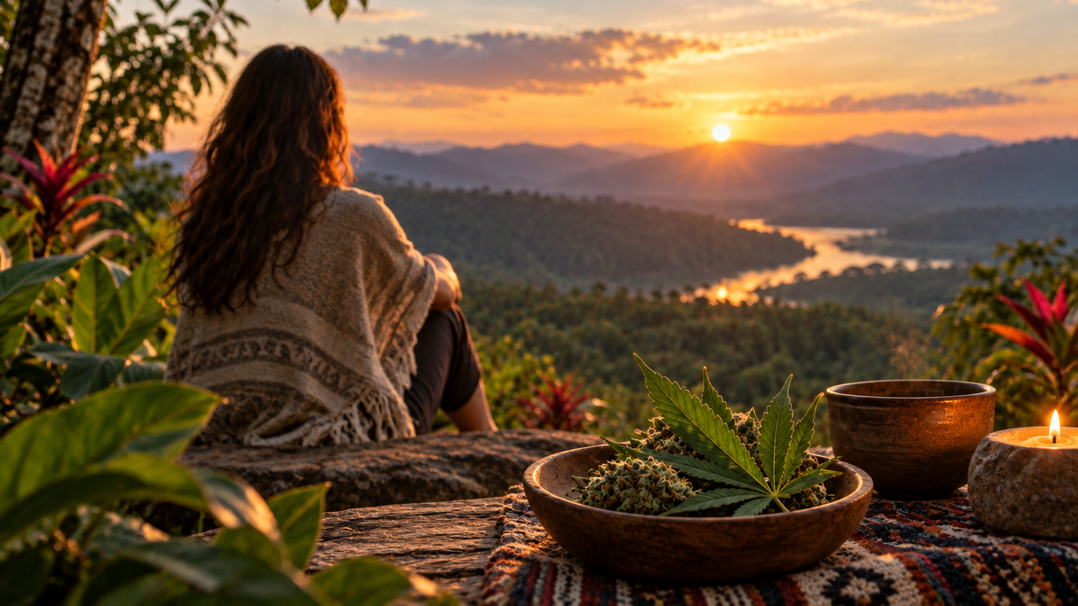Person sitting in quiet reflection at sunset overlooking a lush river valley, with cannabis leaves, a ceremonial cup, and candle in the foreground.