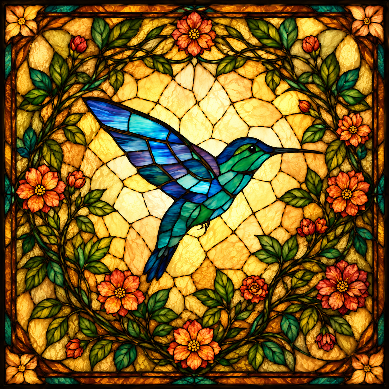 A colorful stained glass art piece depicting a blue and green hummingbird surrounded by orange flowers and green leaves, set against a warm yellow background.
