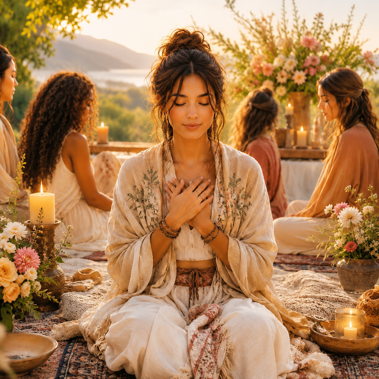 A woman in bohemian clothing sits cross-legged with her eyes closed, hands over her heart, during an outdoor spiritual gathering at sunset. Other women sit behind her in meditative poses amid candles, flowers, and a scenic mountain landscape.