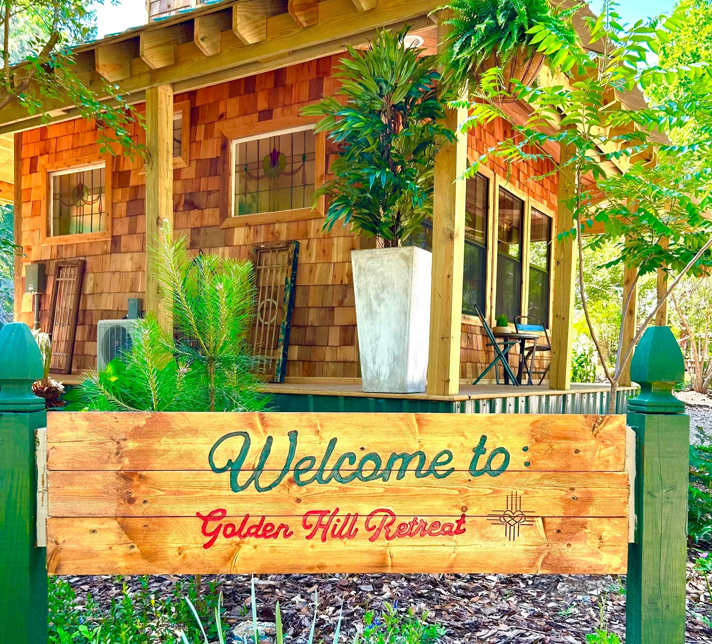 Welcome sign at the entrance to Golden Hill Retreat Center