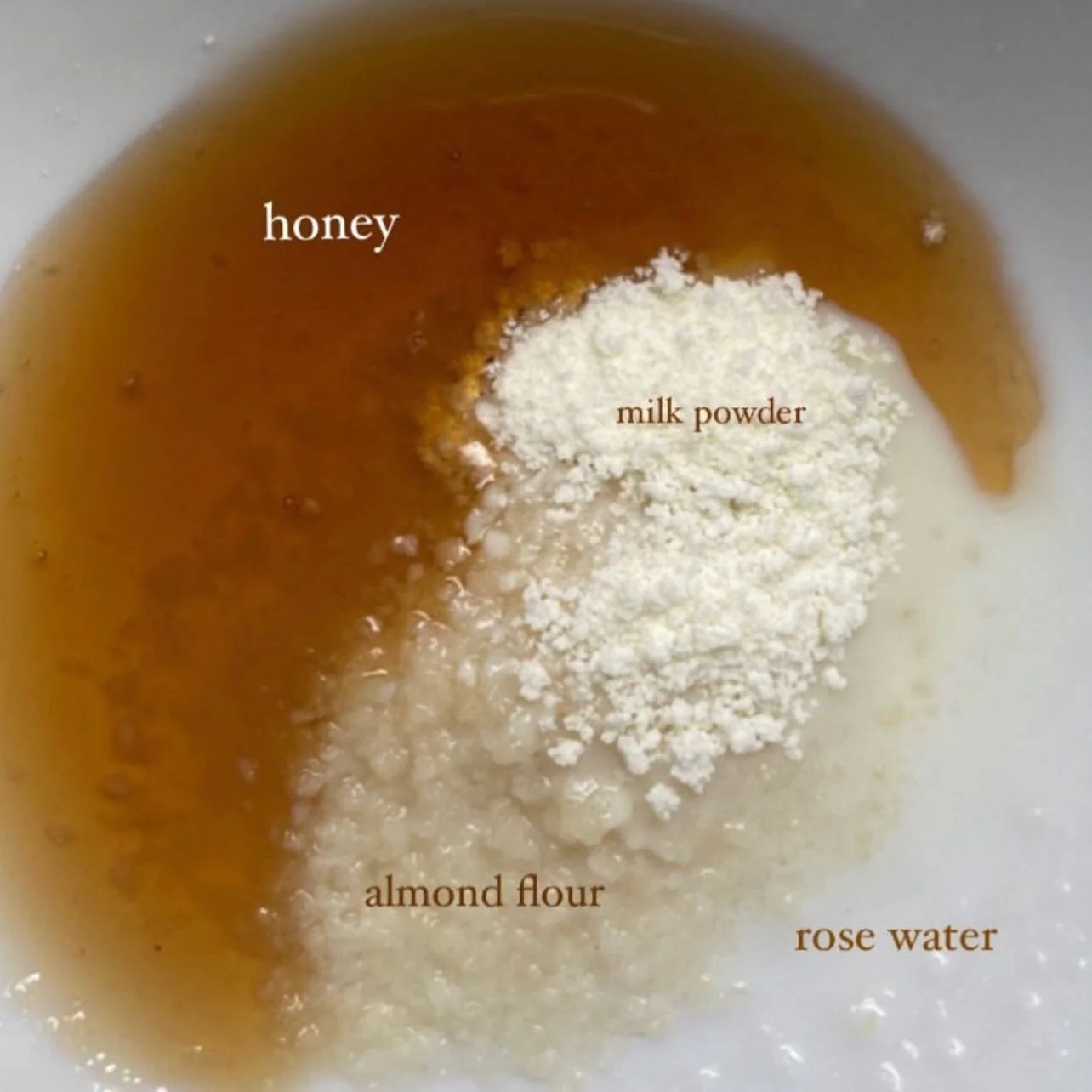 one of my favorite simple face masks to moisturize + exfoliate 

add: 1 tbsp almond flour and 2 tsp milk powder to a small bowl. add enough honey to create a paste and 1/4 tsp of rose water. mix together and apply to the face once a week - preferably