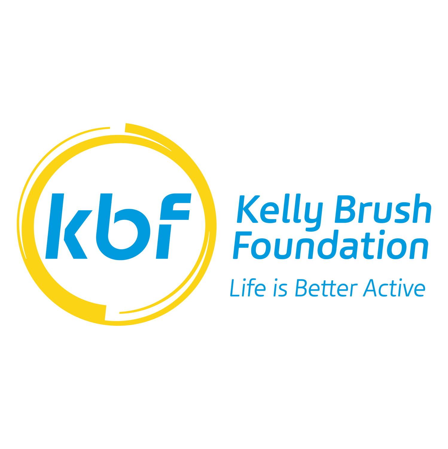 Kelly Brush Foundation logo with blue text and yellow circular design, slogan "Life is Better Active."