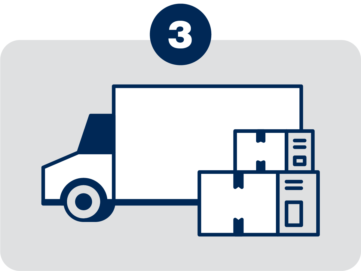 Illustration of a delivery truck with three stacked packages and a number 3 above it.
