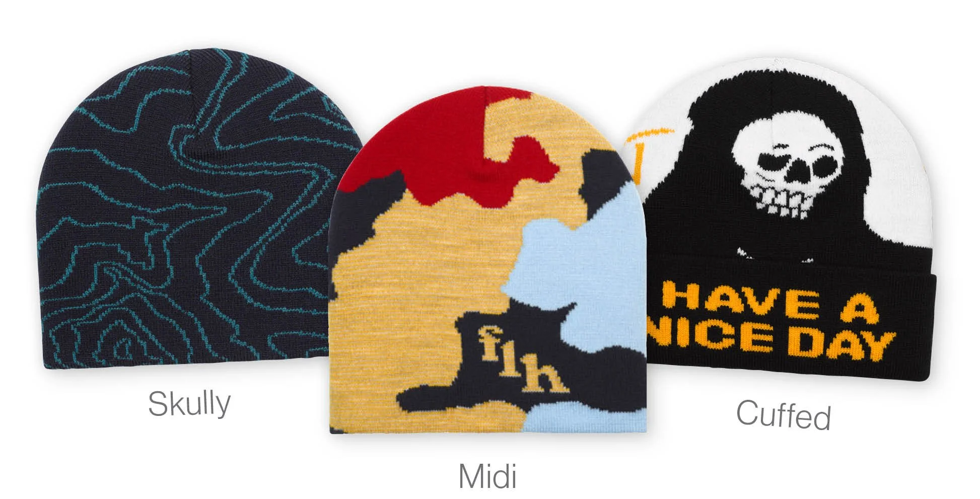 Three winter hats: left one is a skully hat with abstract blue patterns on black, middle is a midi hat with multicolored abstract design, right is a cuffed beanie with a grim reaper image and 'Have a Nice Day' text.