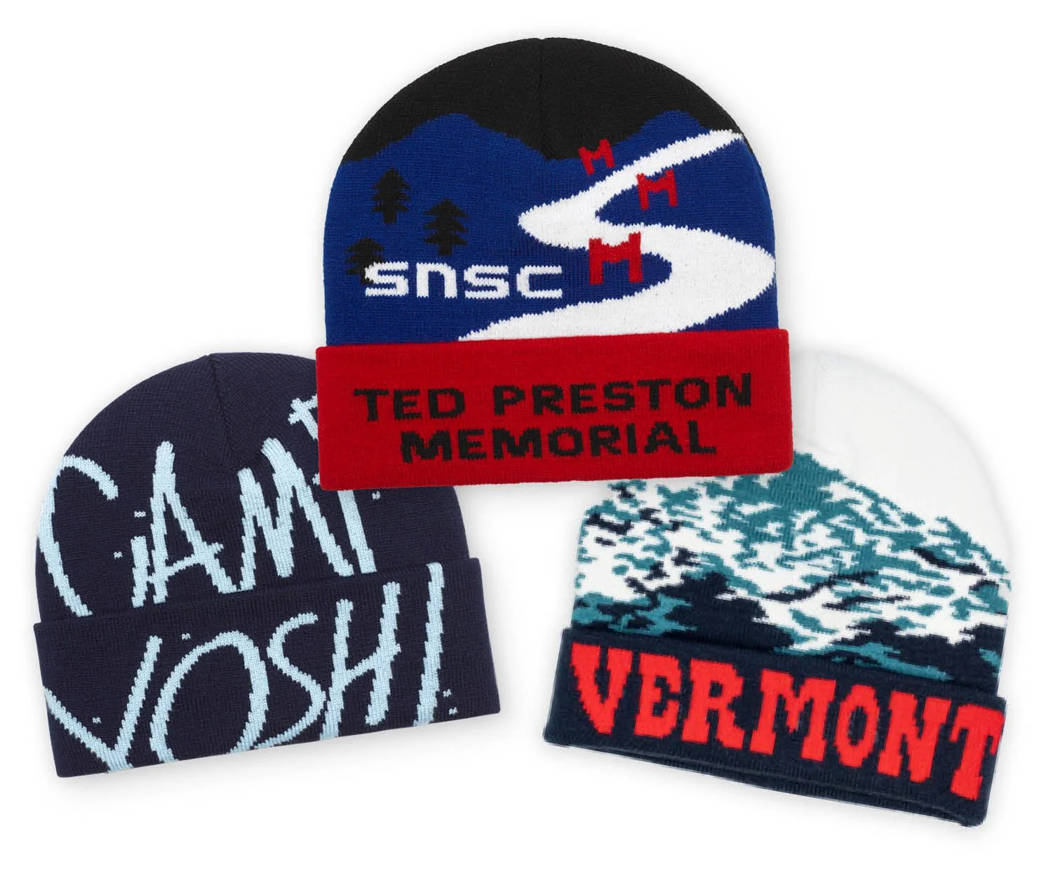Three winter hats with different designs. One hat has "SNSC Ted Preston Memorial" with a mountain and ski trail graphic, another says "Camp Yoshi" in bold script, and the third has "Vermont" with a snowy mountain pattern.