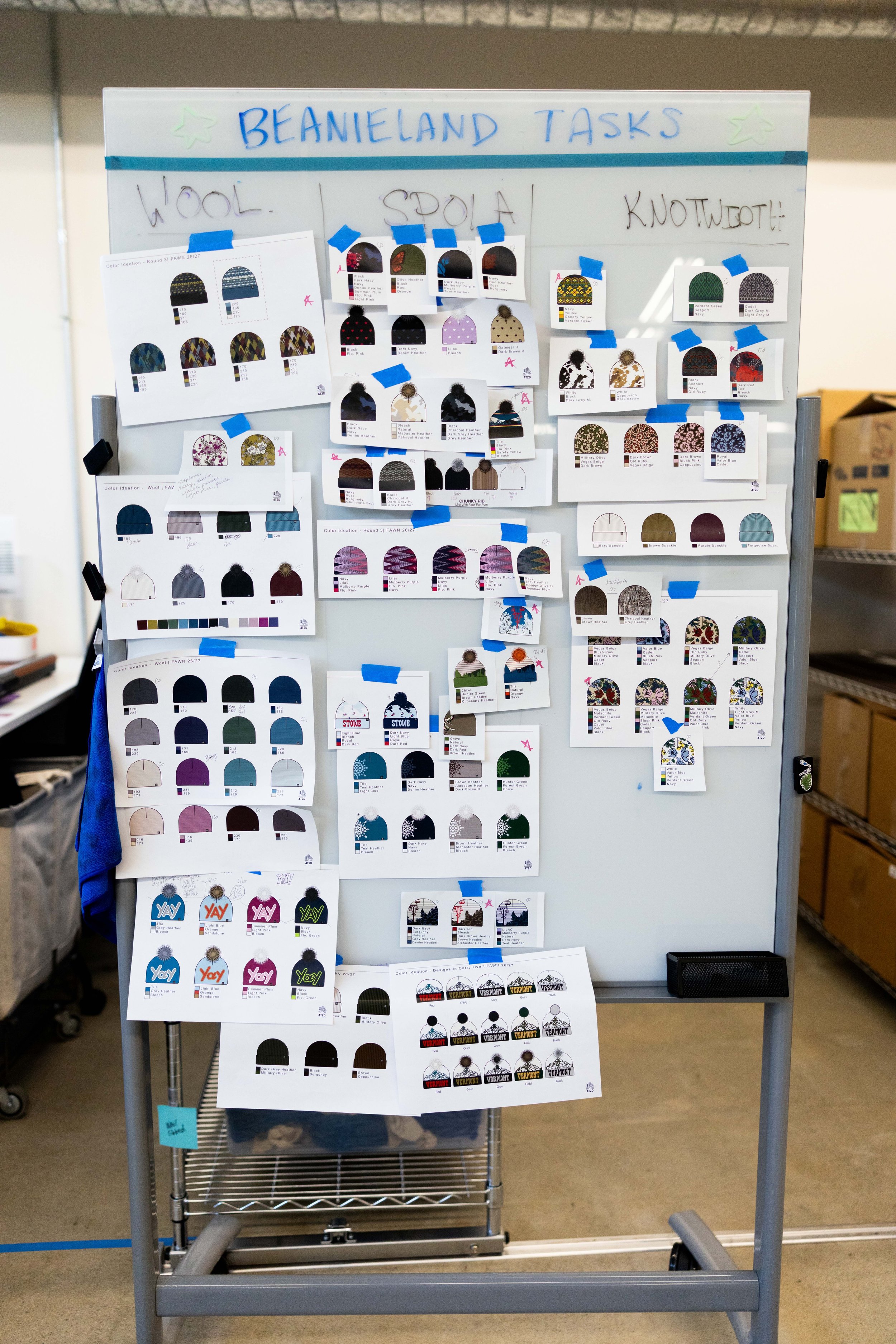 whiteboard with beanie mockups at fourbital factory showing various materials such as wool and recycled yarn