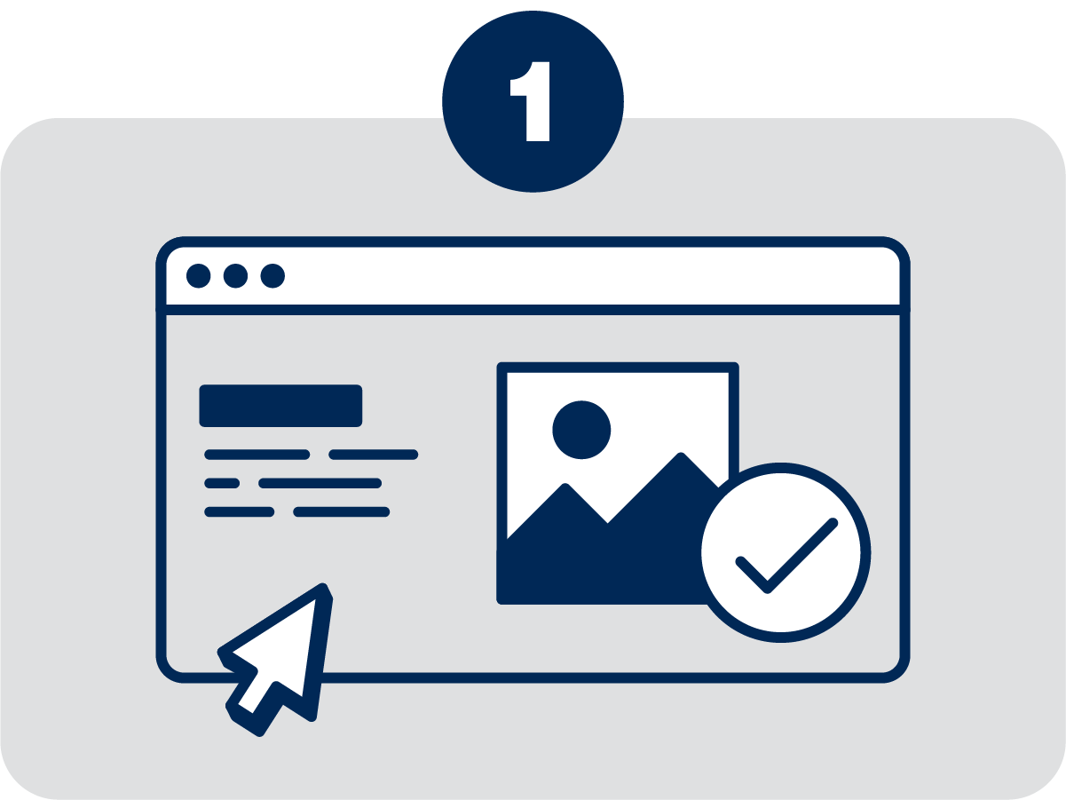 Illustration of a web page interface with an image, text, and checkmark, depicting successful image verification or upload, with a mouse cursor and number one icon.